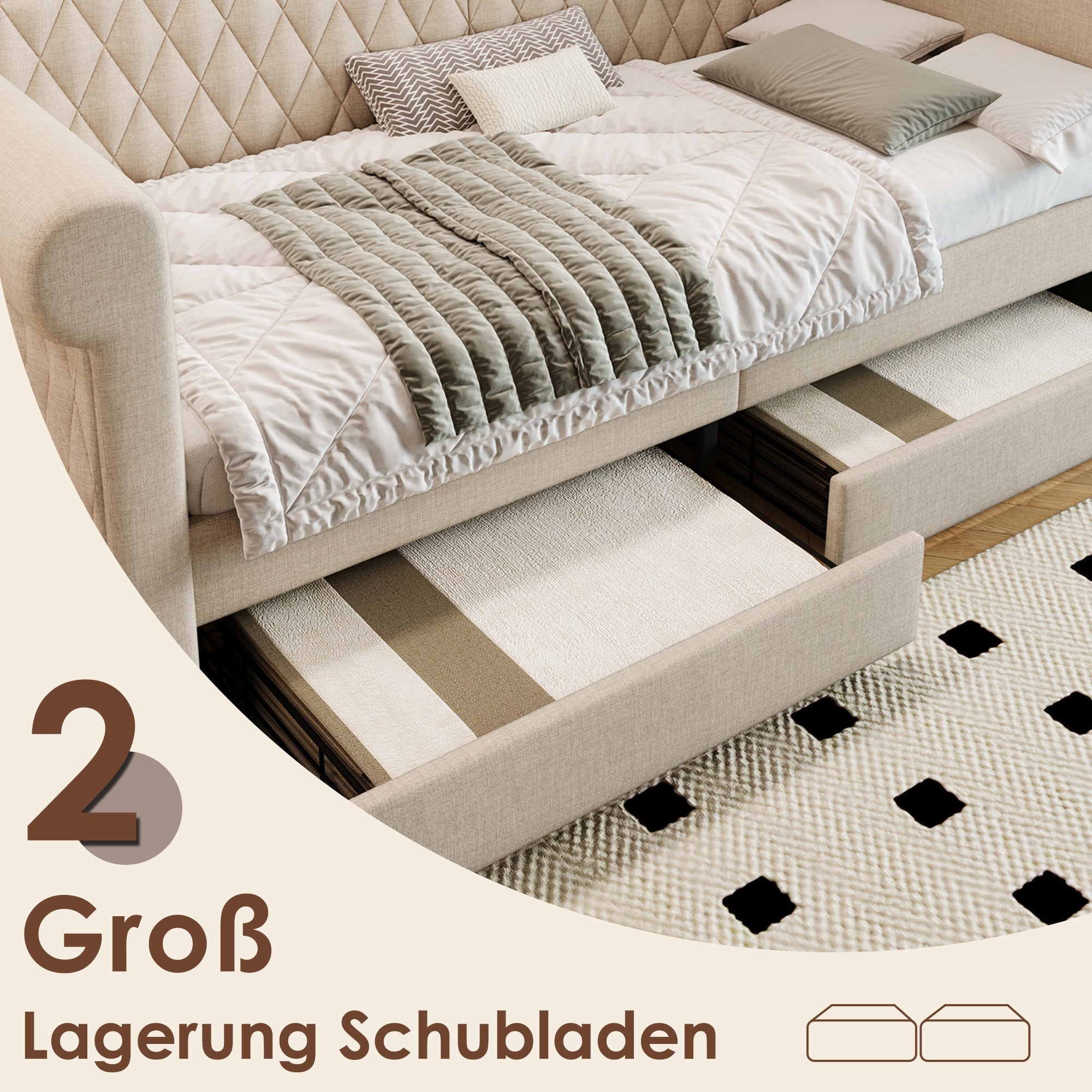 Vintage Upholstered Sofa Bed, 90x200 cm, 2 Storage Drawers, Linen Beige