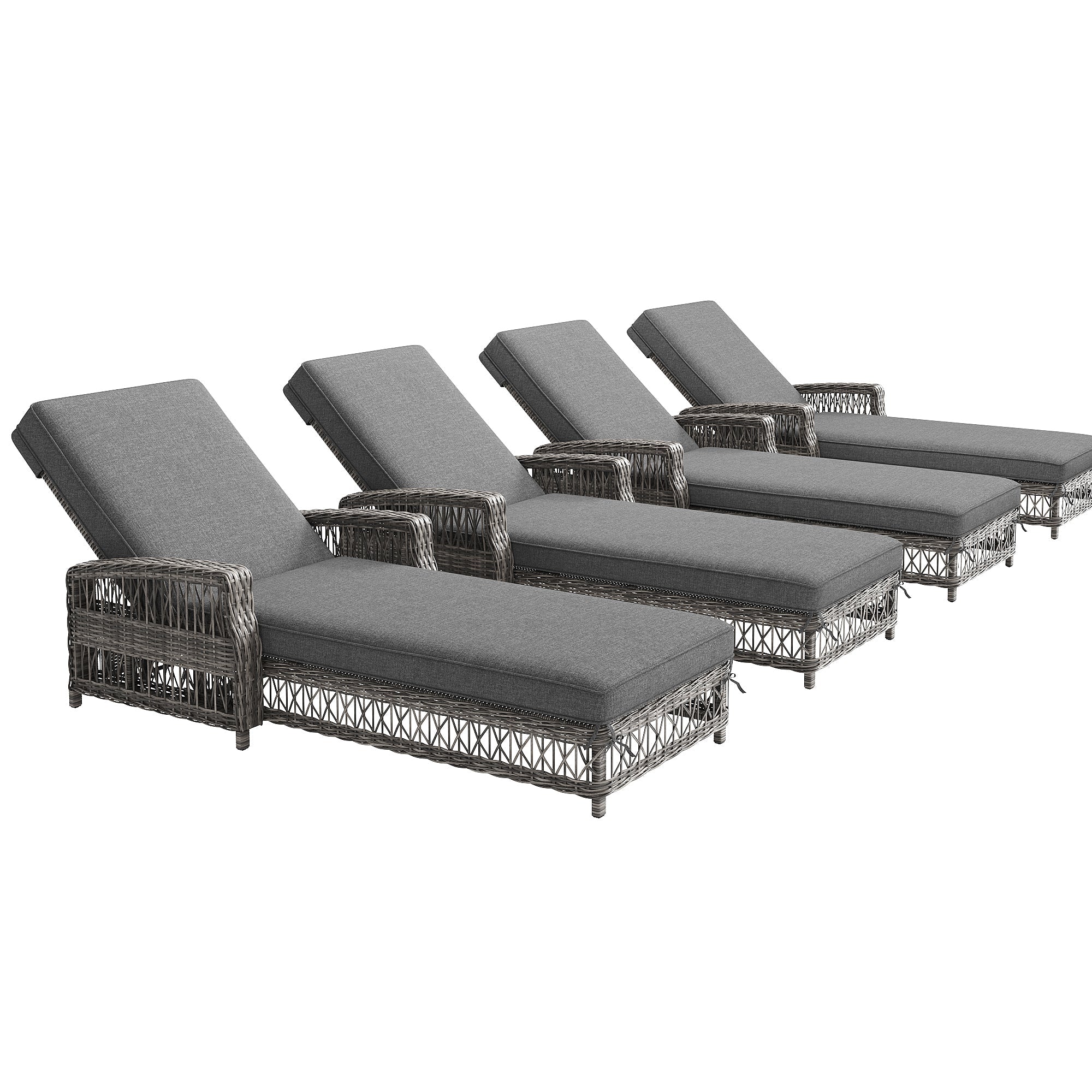 Outdoor Lounger Set of 4 with Adjustable Backrest and Removable Cushion, Grey Rattan