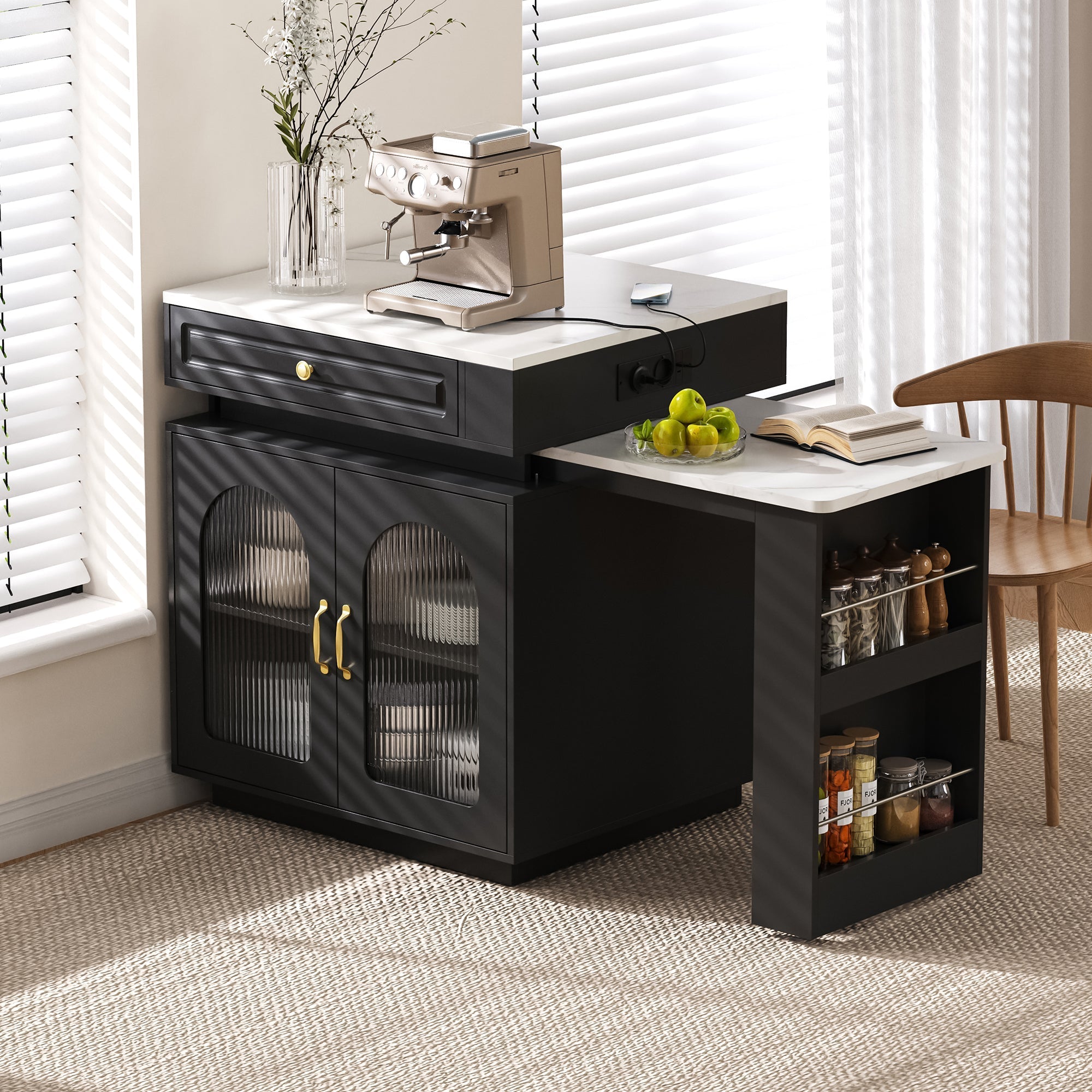 Kitchen Island Extendable Dining Table with Wheels LED Power Strips Black