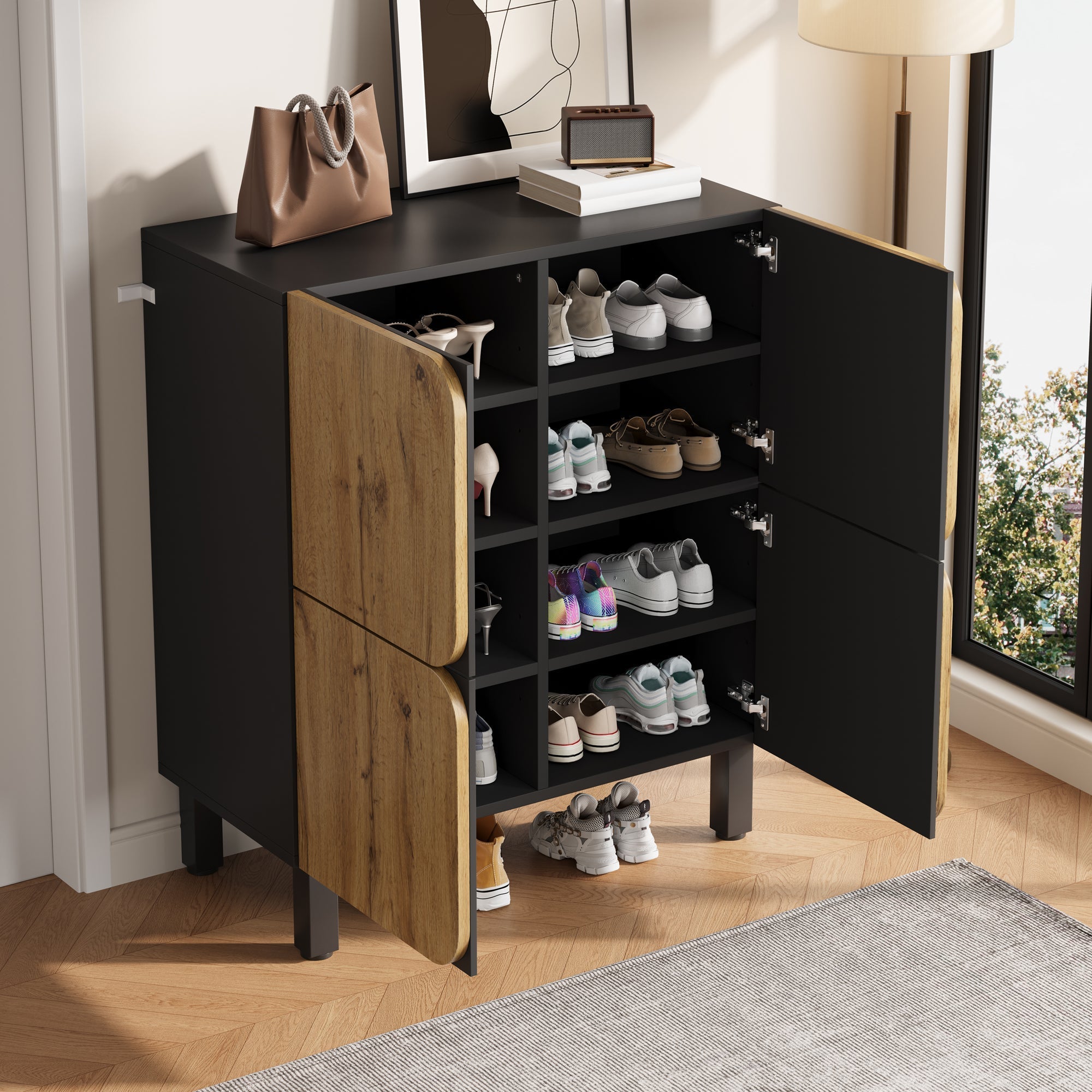 Shoe Cabinet 4 Doors Adjustable Shelves Curved Doors Black