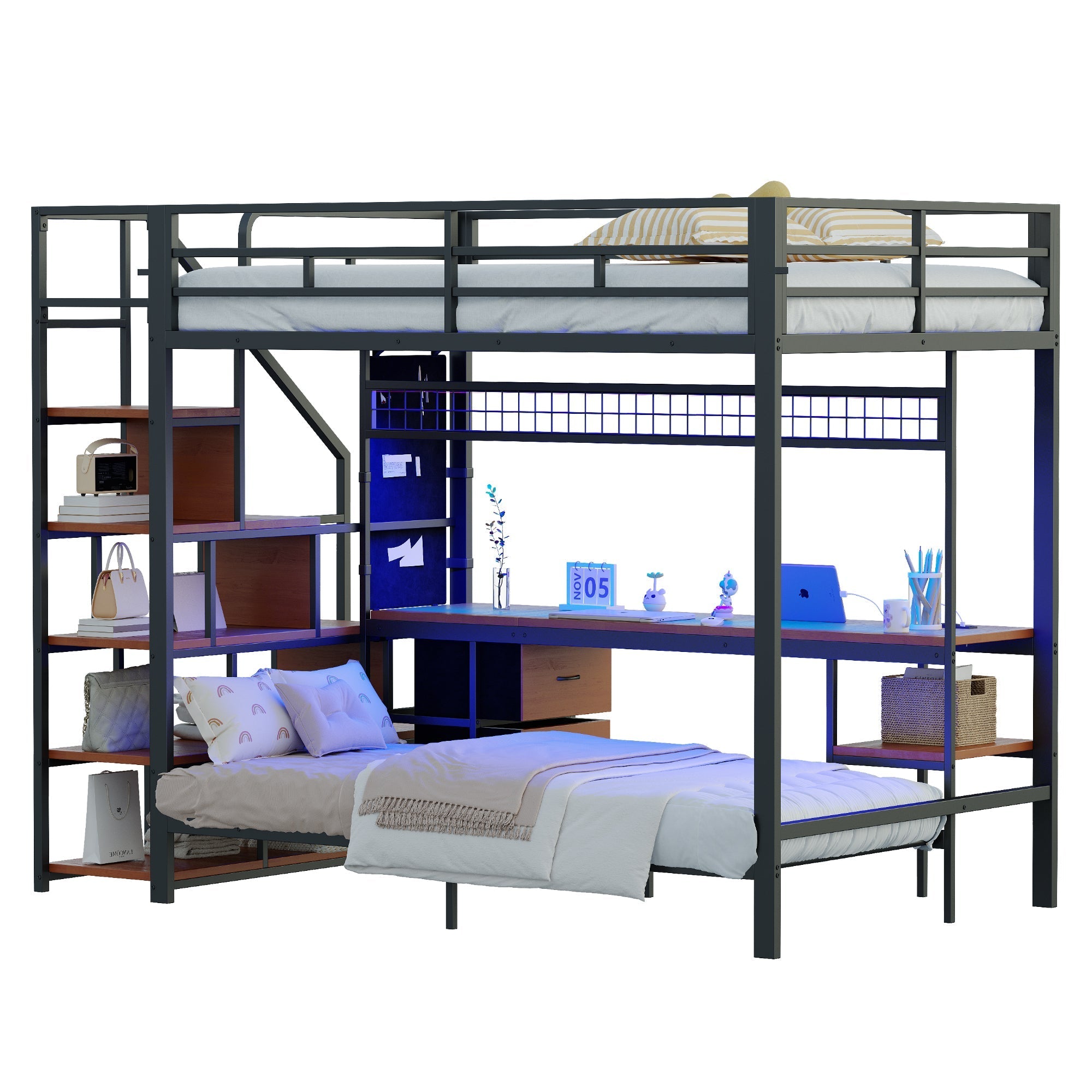 Metal Loft Bunk Bed Multifunctional with Desk LED Light Power Outlets Storage 140x200/90x200 Black