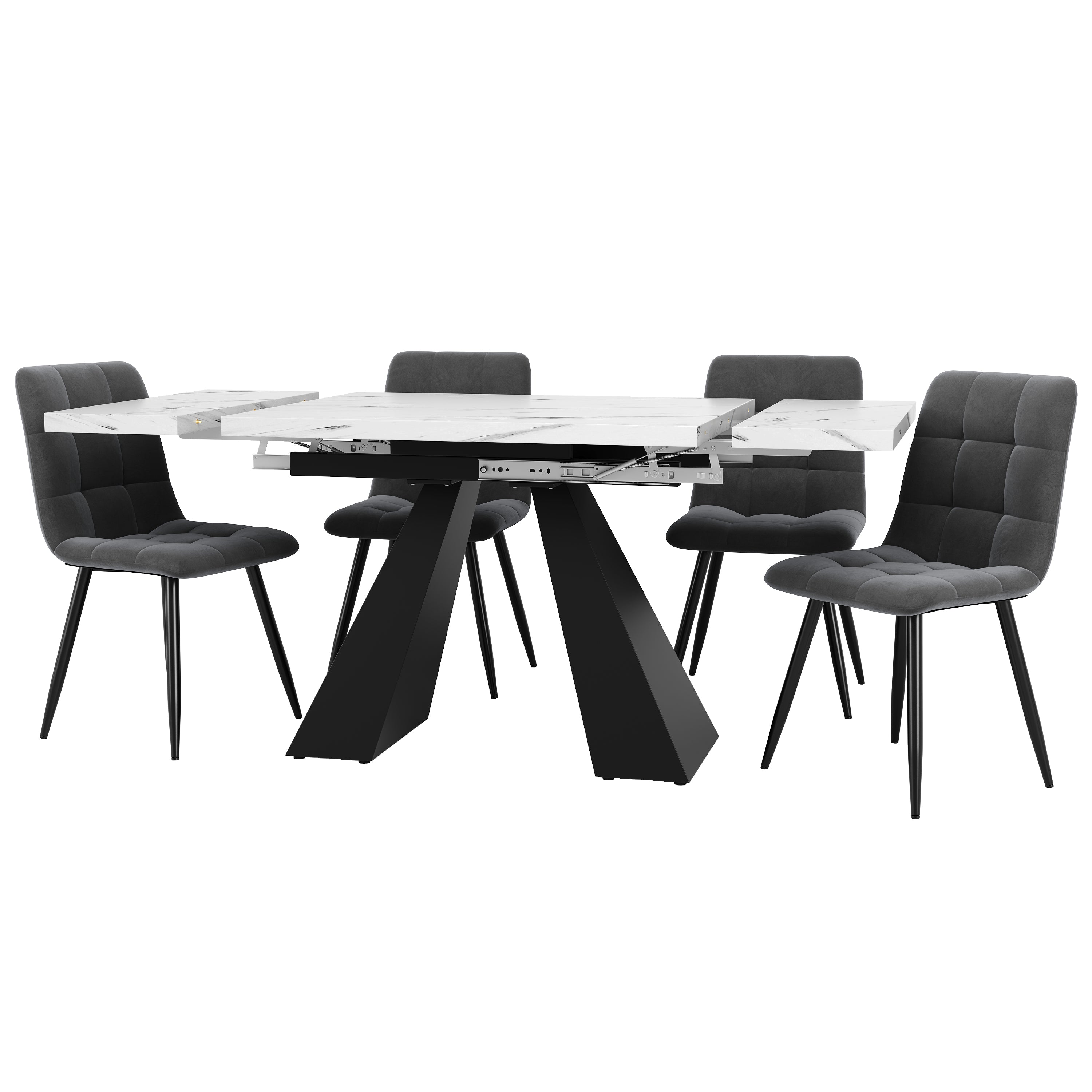 Dining Set 5-Piece Extendable Table 4 Velvet Chairs - White/Grey