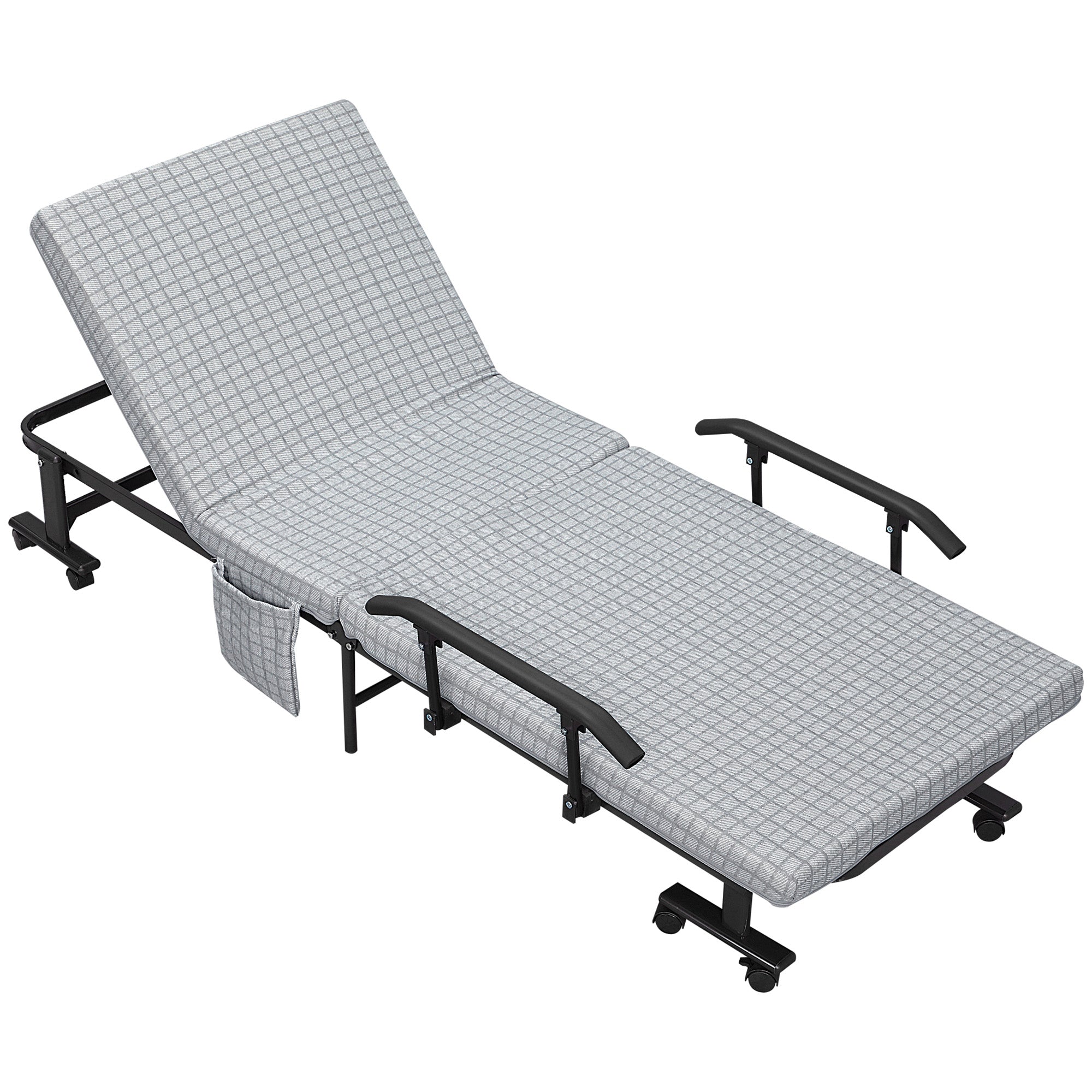 Folding Guest Bed, Adjustable Backrest, Wheels, Steel Frame, Light Grey/Black, 190x76x33cm