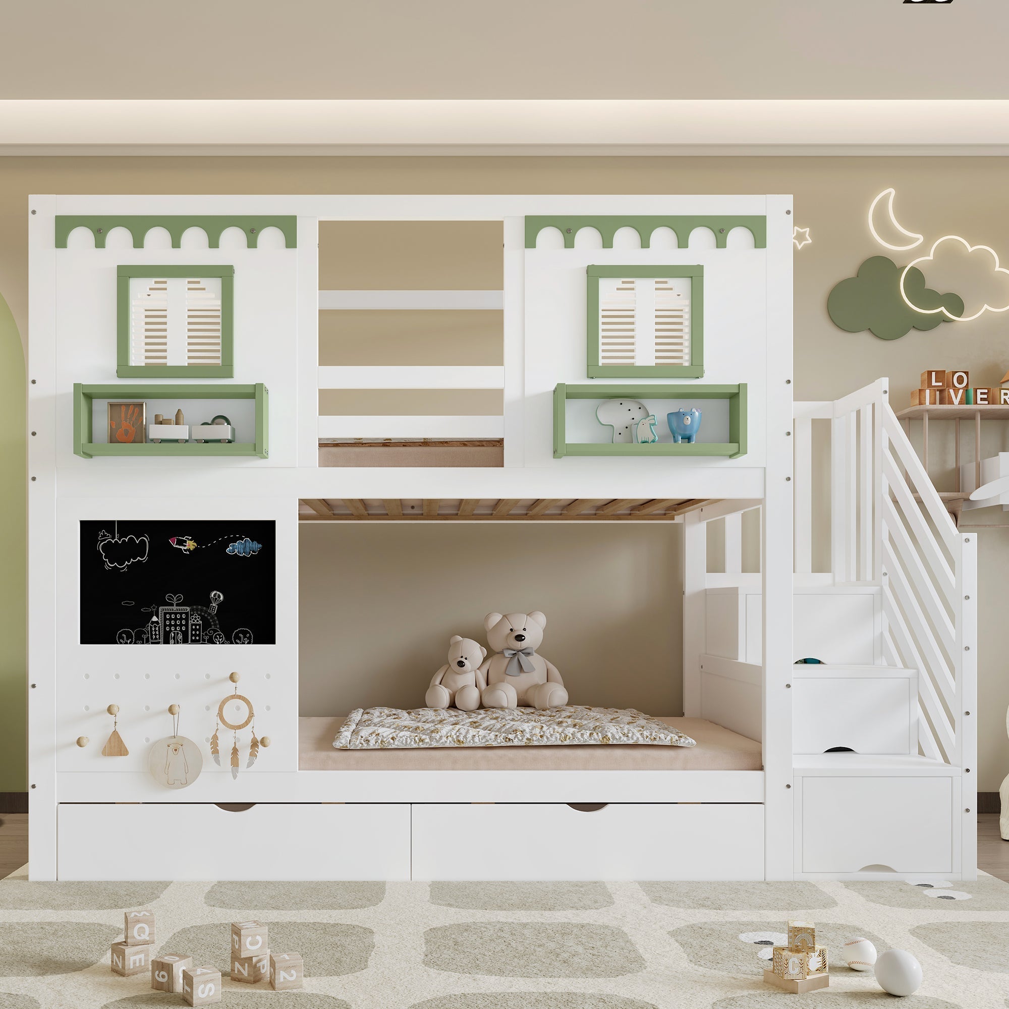 Bunk Bed 90x200cm Pegboard with Hooks 2 Drawers & Stair Storage Cabinet White + Green Pine