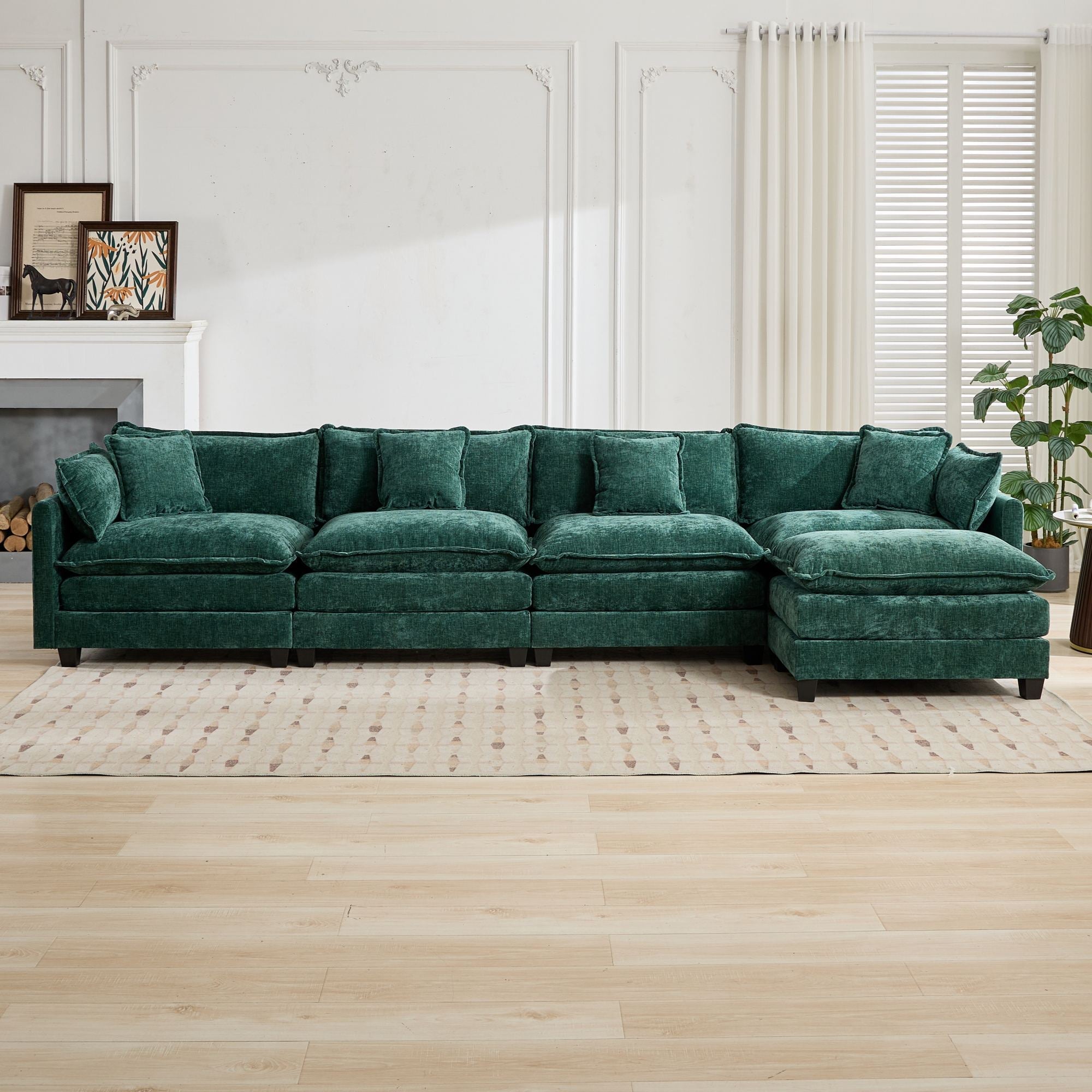 Cloud Sofa 4 Seats, Modern Modular Sectional Couch with Double Layer Upholstered Cushions, Green Chenille Fabric