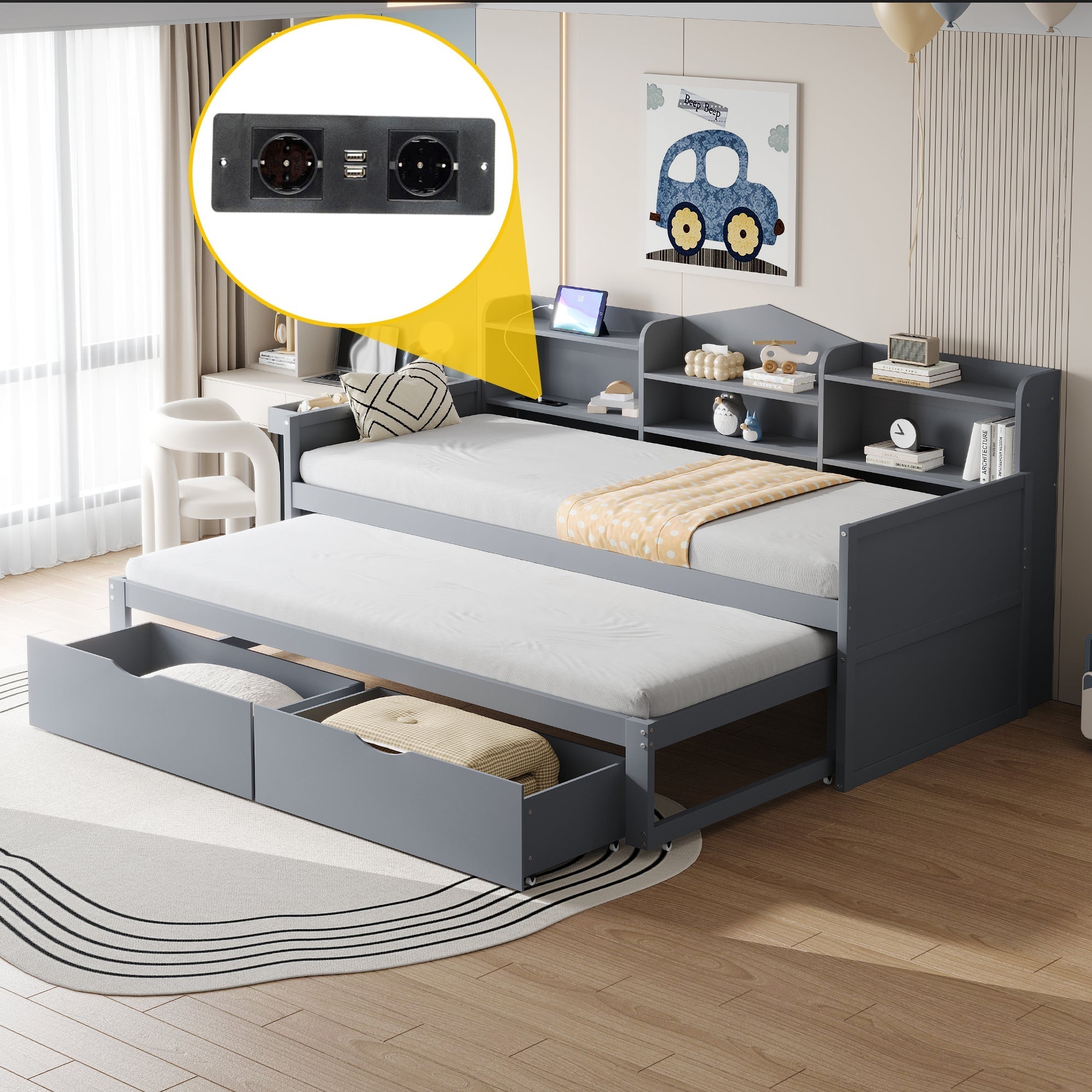Sofa bed 90*200 with Pull-Out Bed, Drawers & USB Socket, Wood, Gray