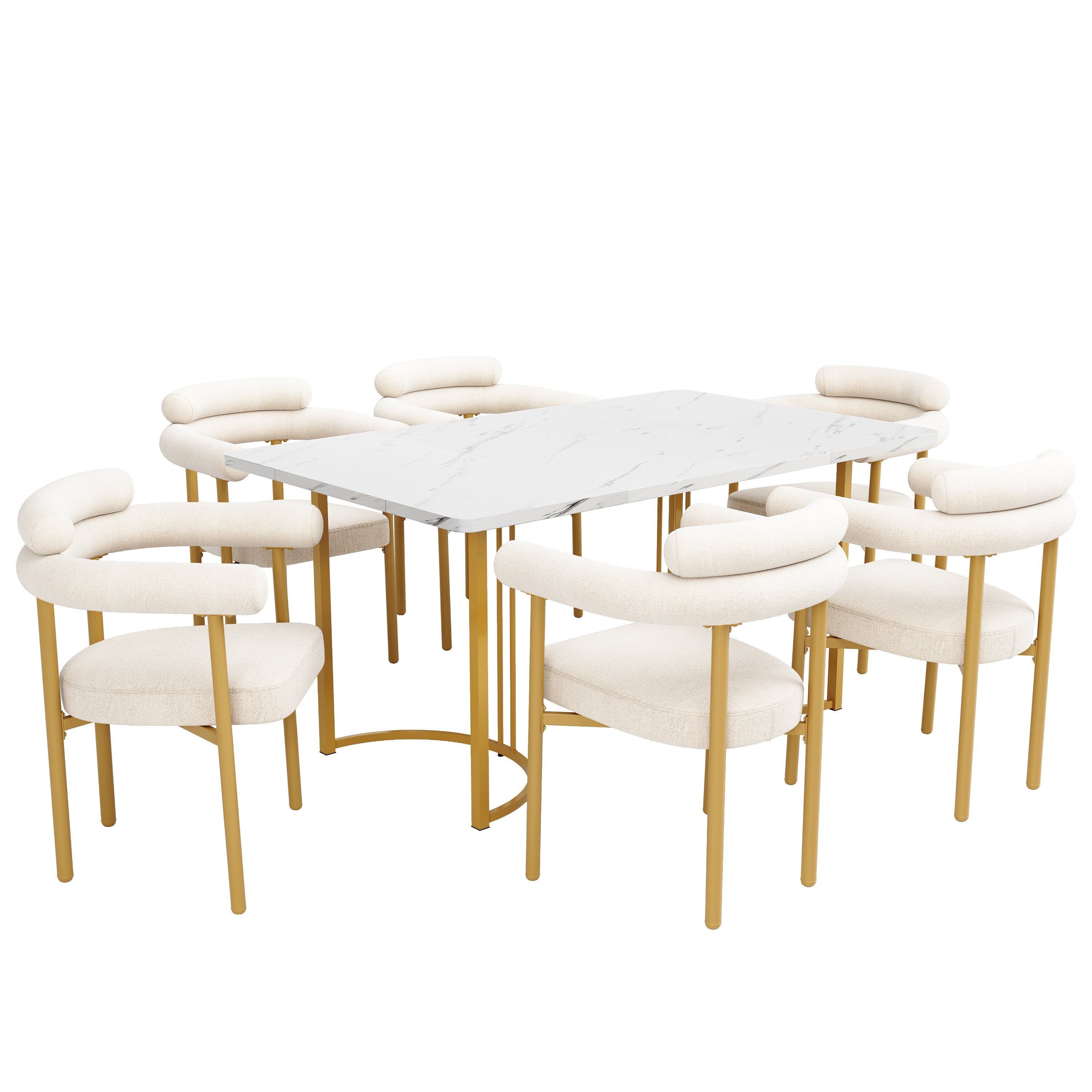 Dining Table and Chair Set 7-Piece with Designer Metal Legs and 6 Hollow Armchairs Cream Suede & Gold