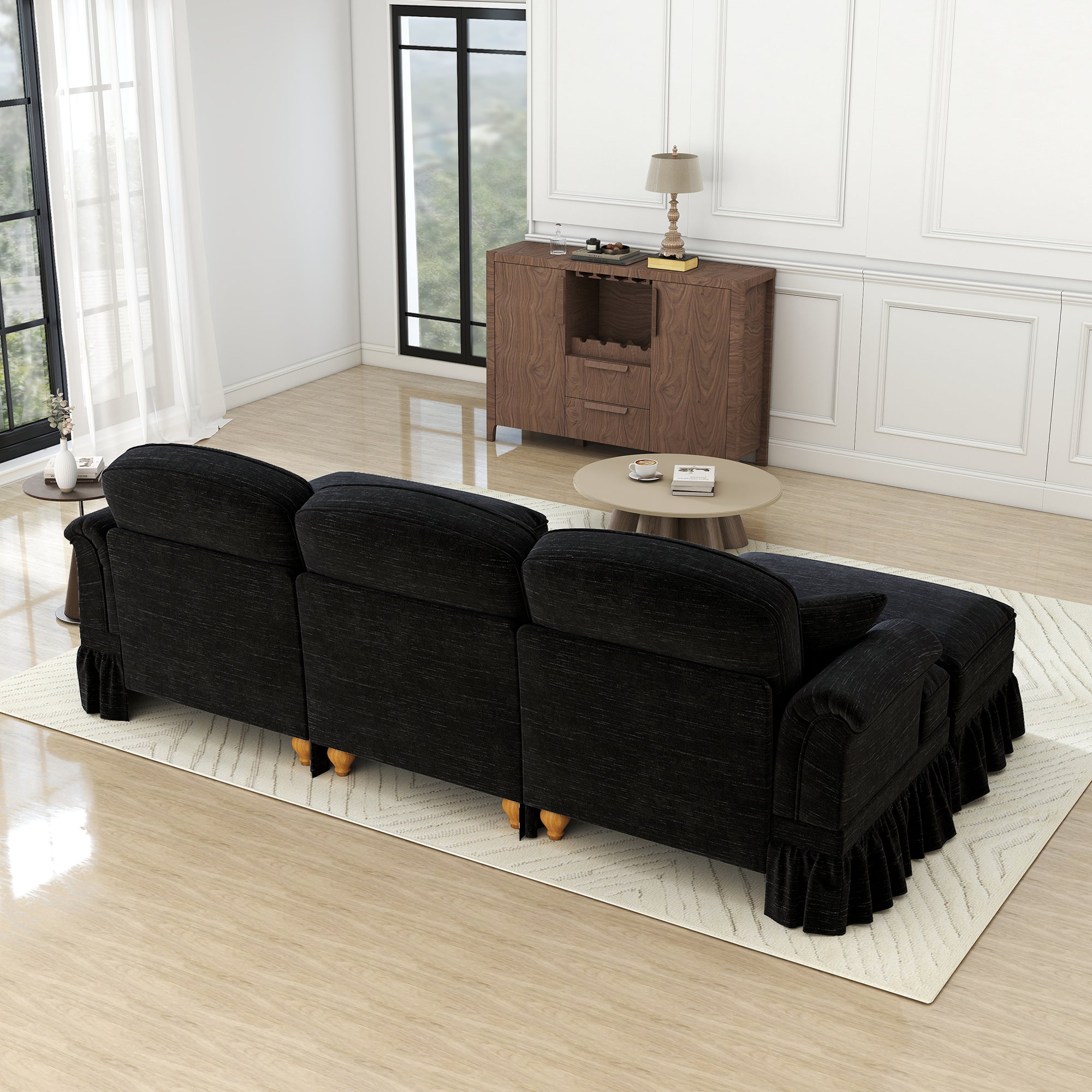 Modular U-Shaped Sofa Movable Ottoman Ruffled Apron Chenille Black