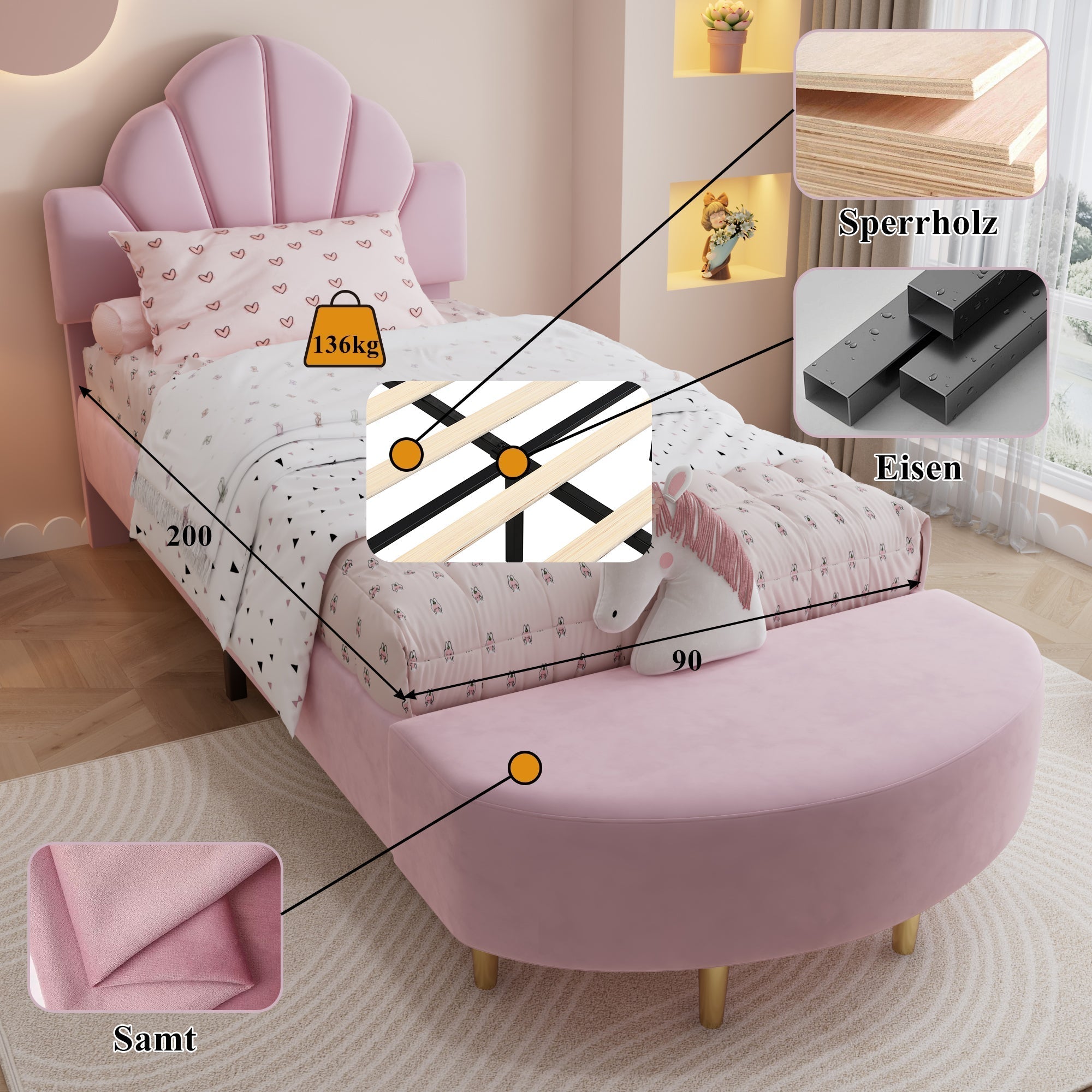 Upholstered Single Bed 90x200cm Velvet Headboard Matching Bench - Pink Velvet