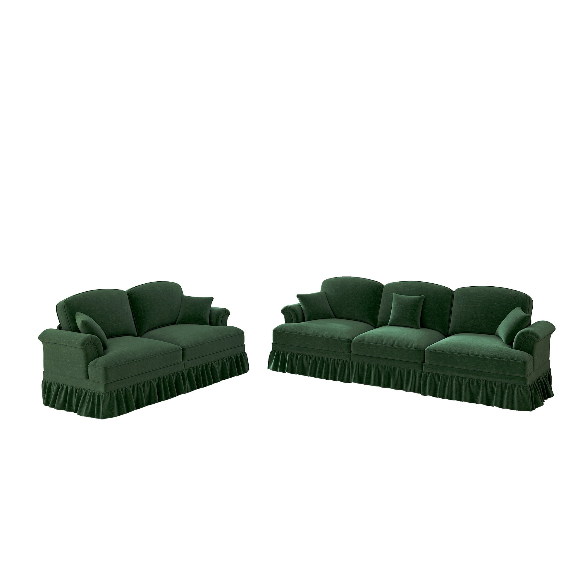 Classic 2-Piece Modular Sofa Set 3-Seater & 2-Seater Loveseat Ruffled Spindle Legs - Chenille Green