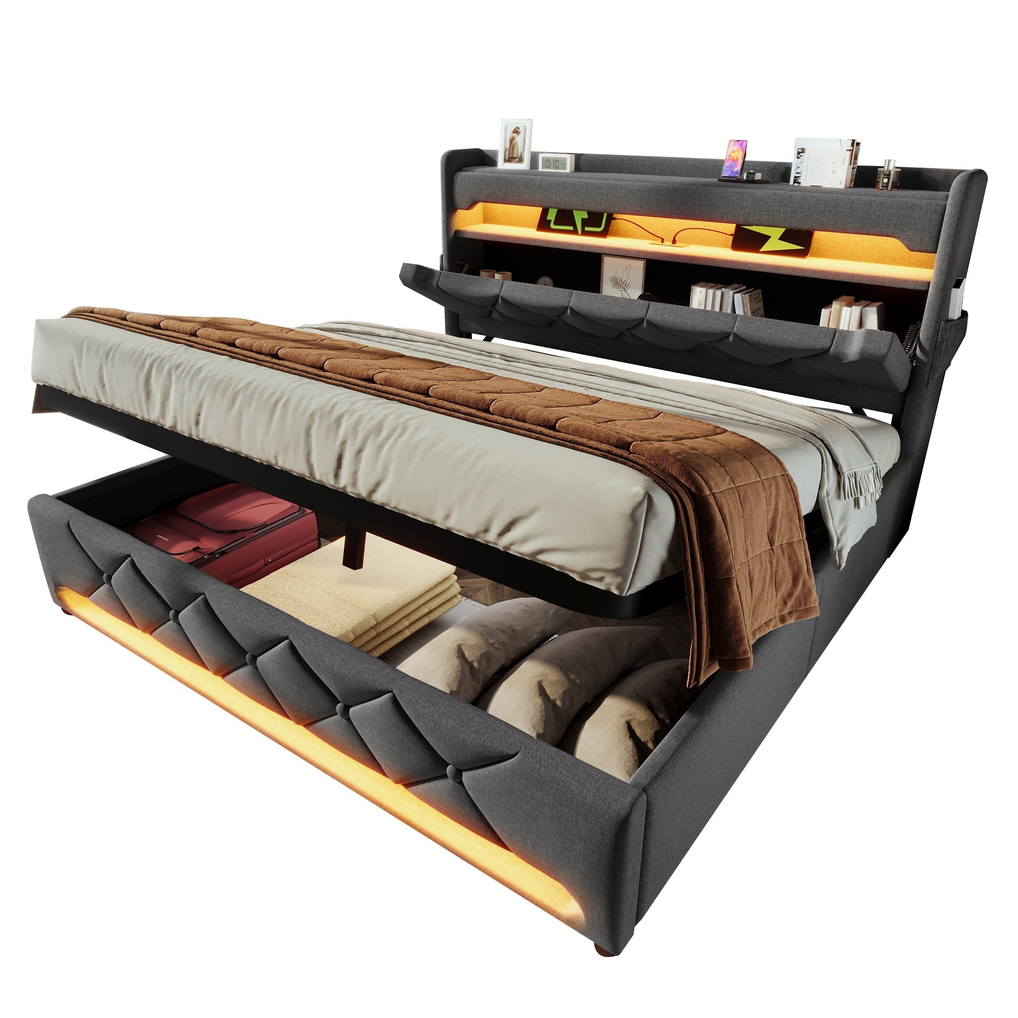 Upholstered Double Bed, 180*200, Storage Headboard with USB & Type-C, 360 LED, Hydraulic Storage, Gray Linen