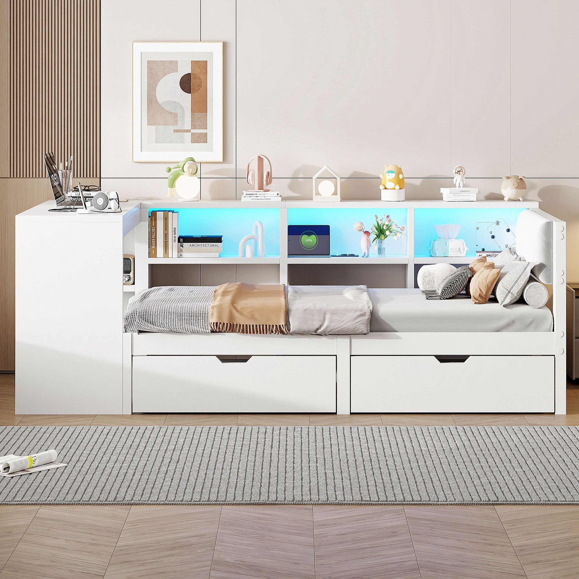 Platform Bed 90x200 Storage Drawers Shelves Upholstered Headboard LED - White