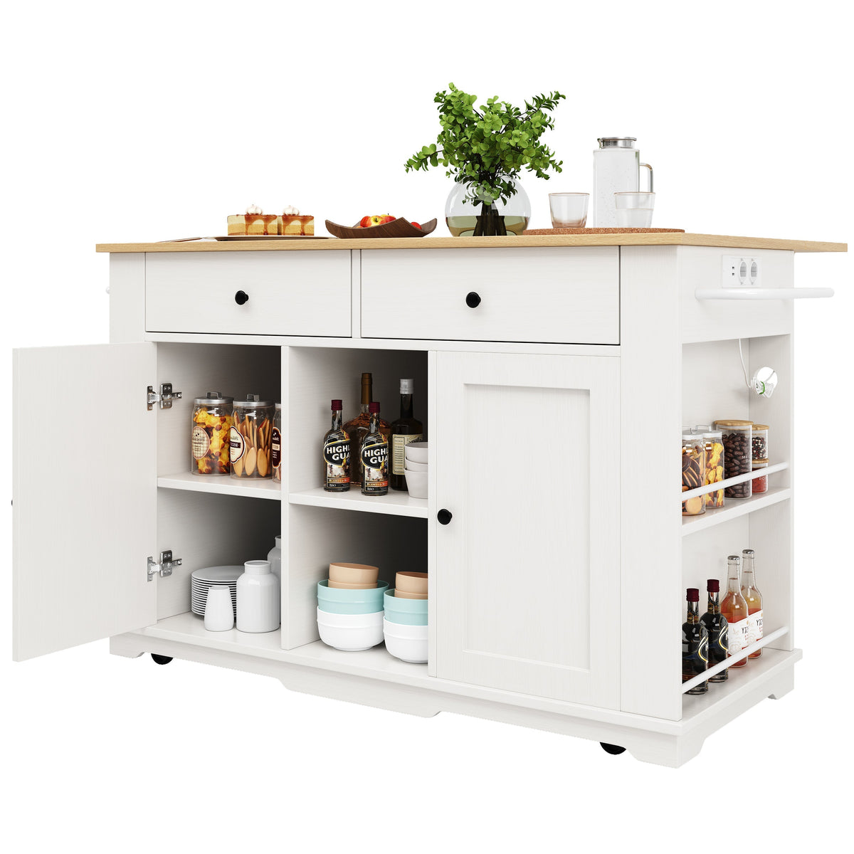 Kitchen Island Trolley Worktop Power Strip Wood Grain White