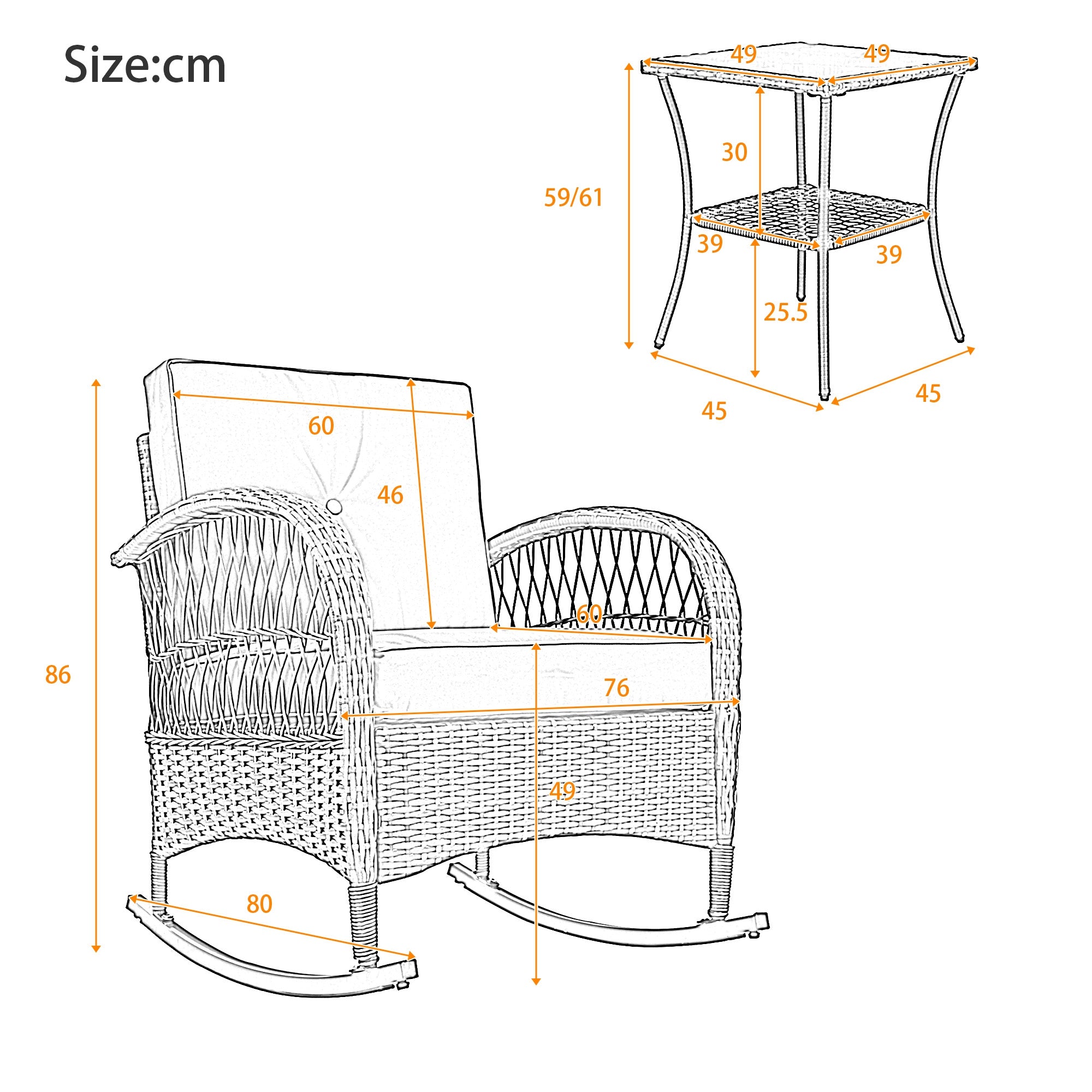 Rattan Balcony Furniture Set, 3-Piece Rocking Chairs with Cushions and 160kg Capacity, Beige Rattan