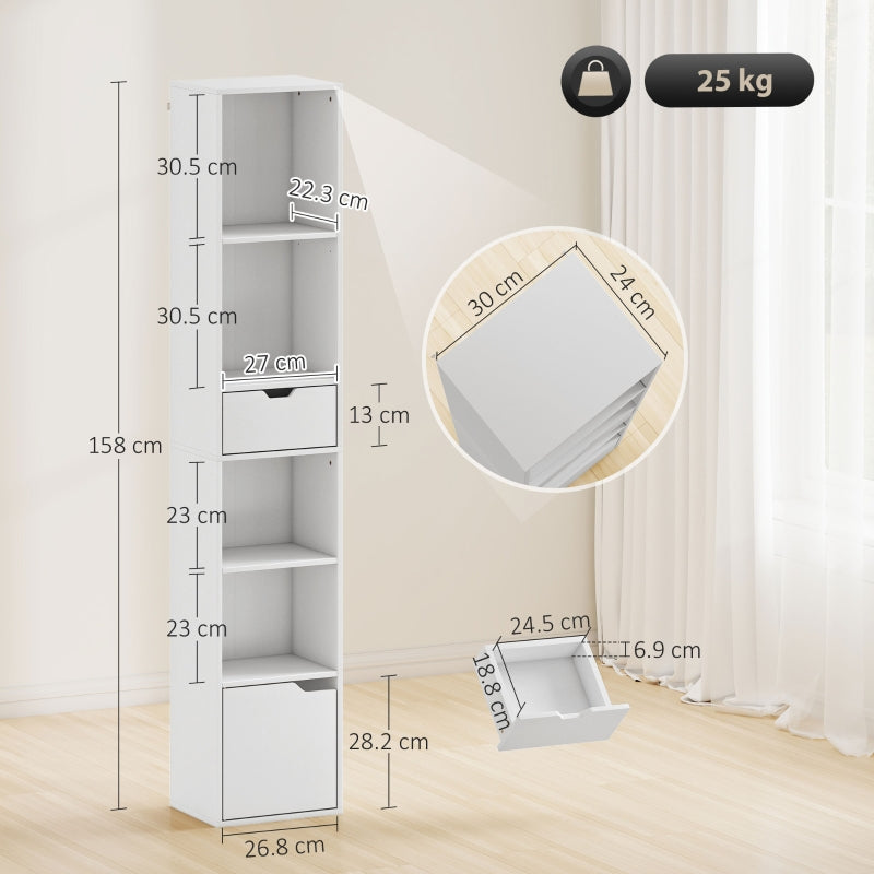 6-Tier Bookcase Tall Narrow Bookshelf with Drawer and Door - White