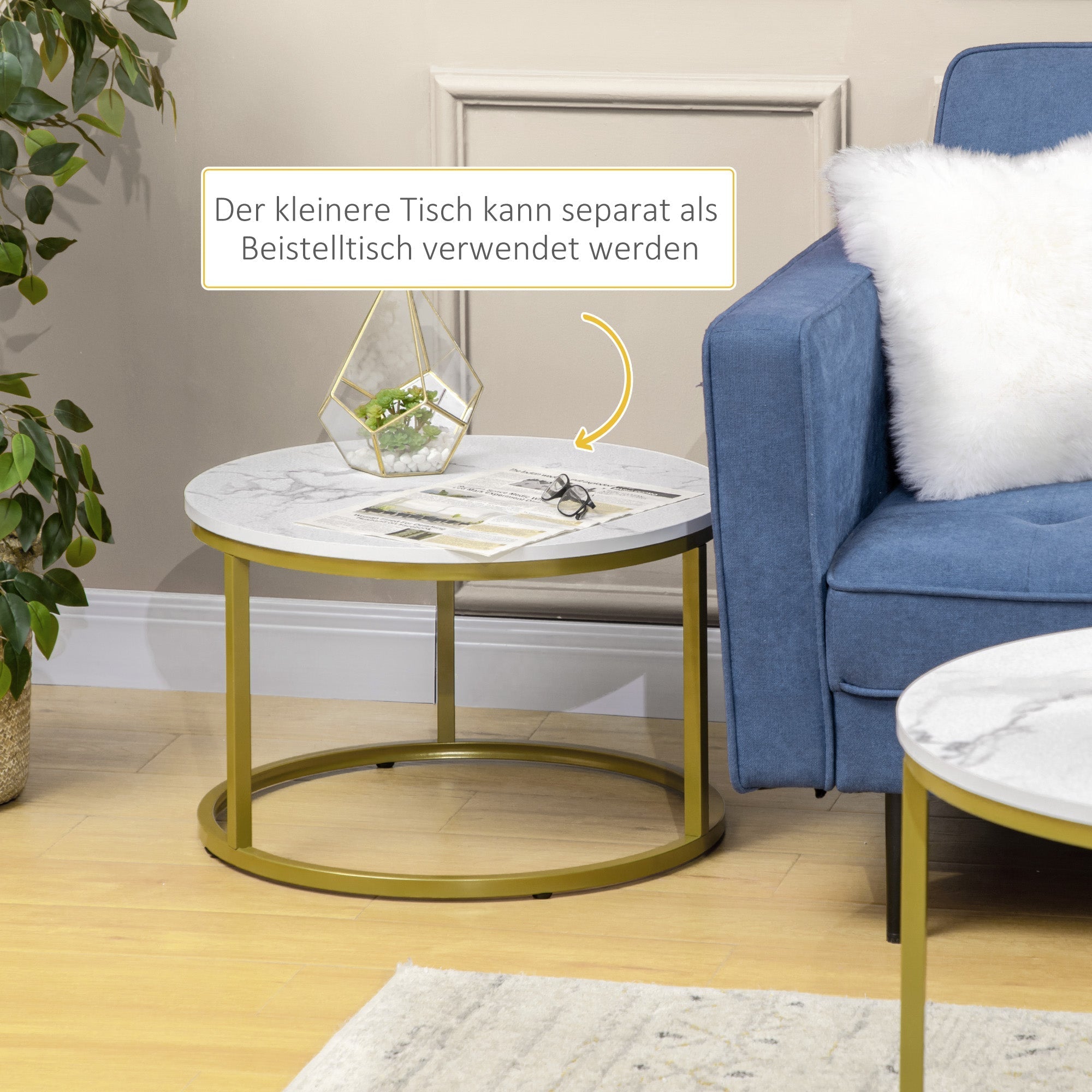 Couchtische, rund, stapelbar mit Stahlgestell, weiß