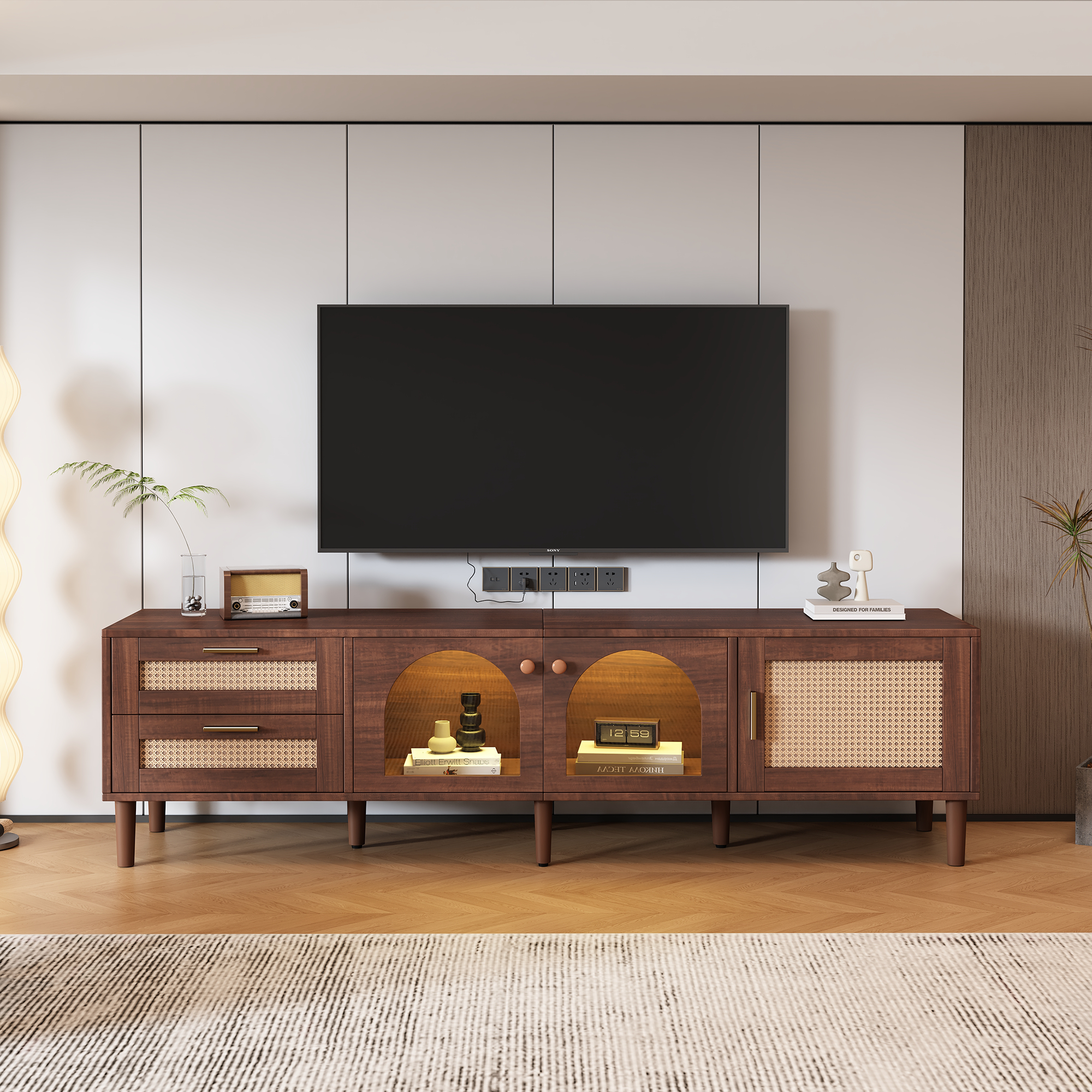 TV Cabinet 180cm, for 80-inch TV with 2 Rattan Drawers, 2 Curved Glass Doors, 1 Rattan Door & LED Lighting, Brown