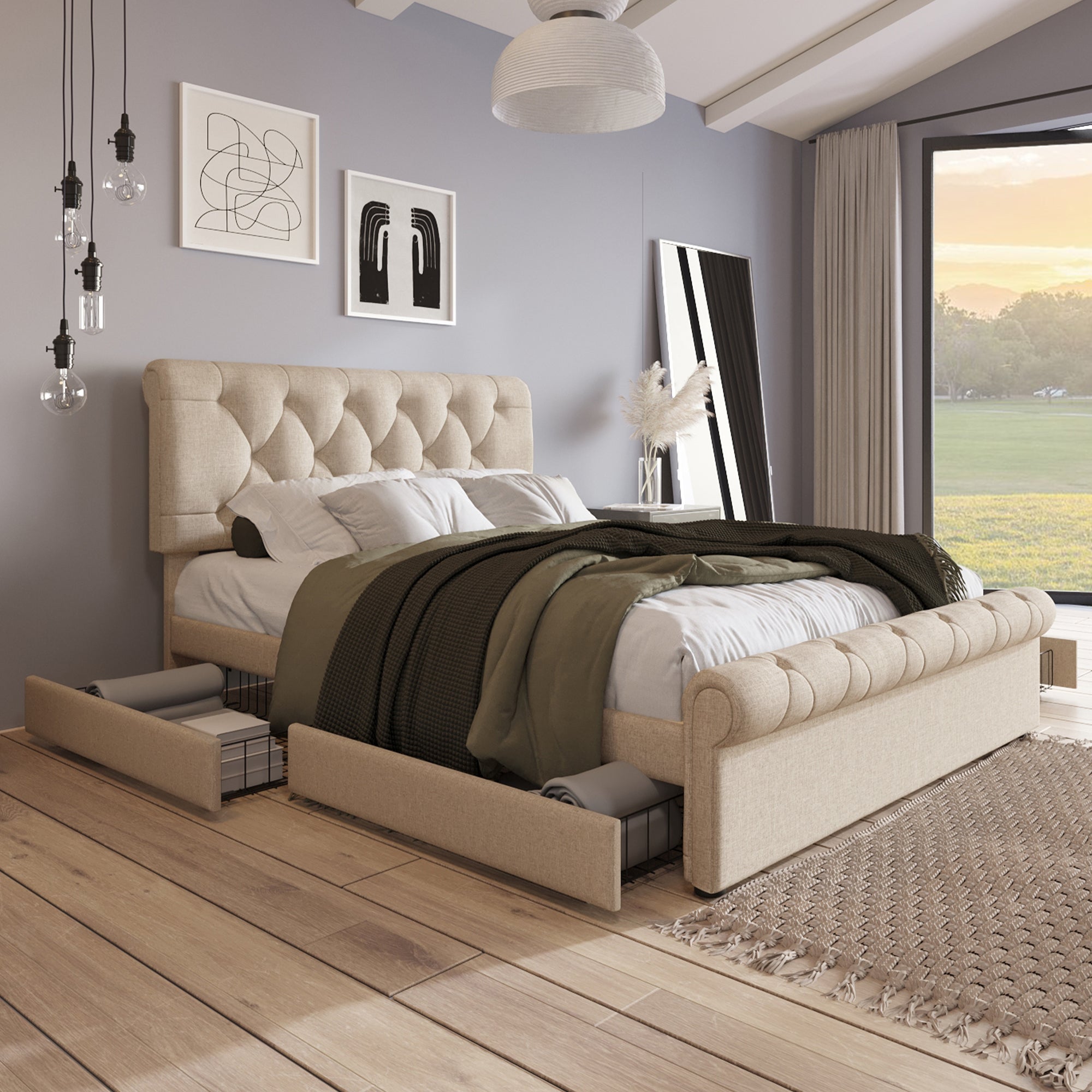Double Upholstered Bed 140x200cm, 4 Drawers Adjustable Headboard, Natural Finish