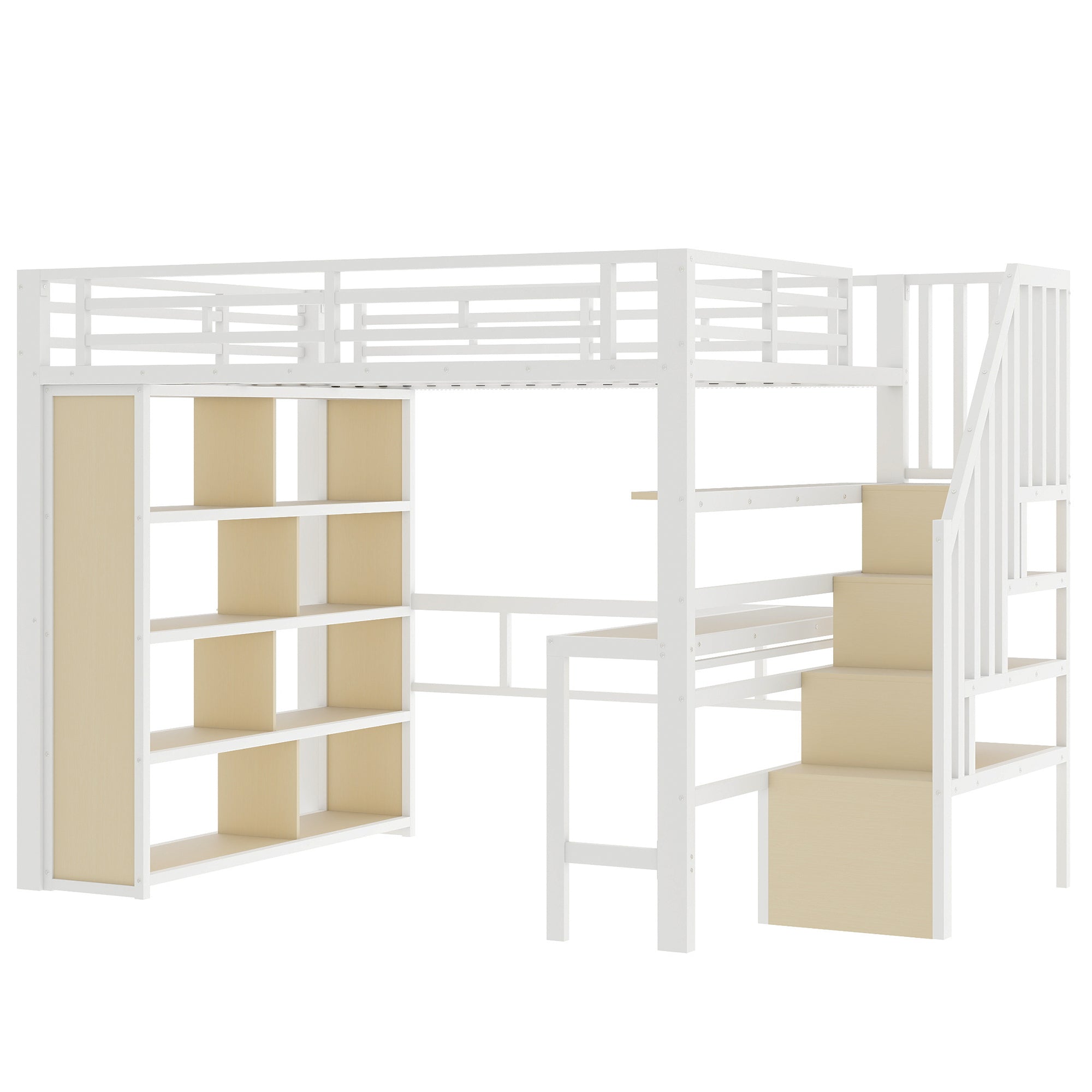 Loft Bed with Desk, Storage Staircase and LED Light Strip, 140x200cm, White Iron Frame