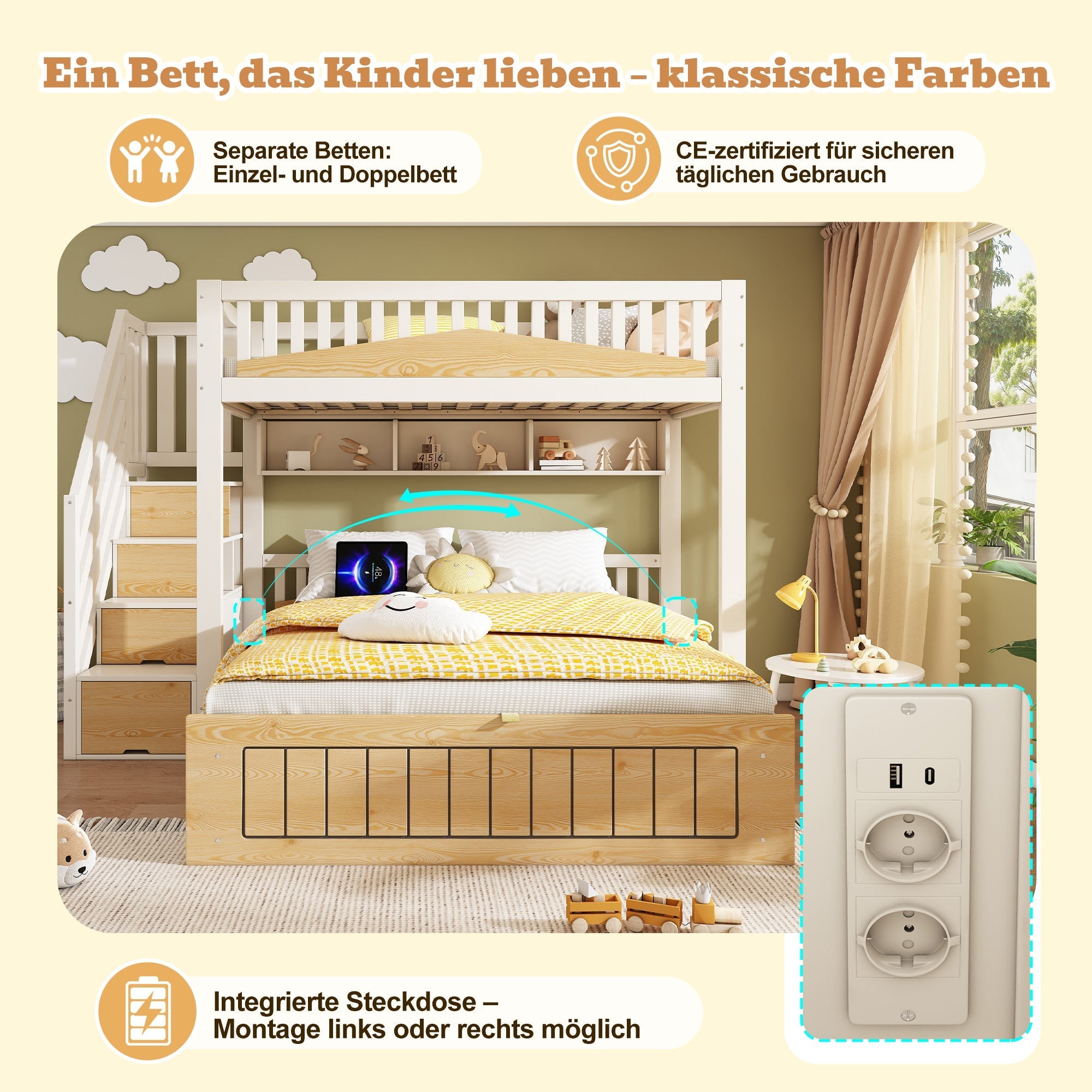 Children's Wooden Bunk Bed 90x200 & 140x200 cm with Hydraulic Storage and USB-C Port, White and Natural