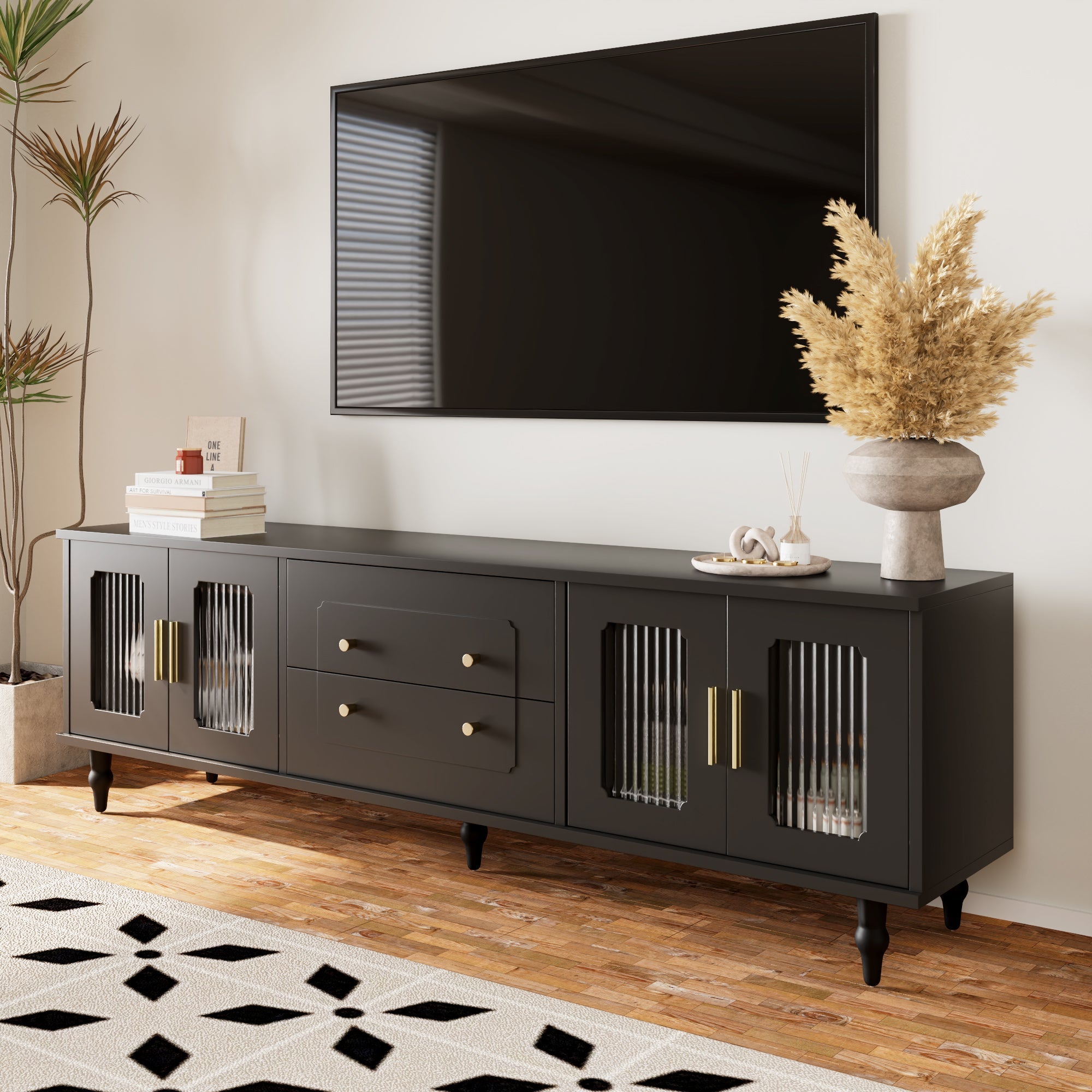 TV Cabinet, Retro Lowboard with Gold Handles, Glass Door, Solid Wood Legs