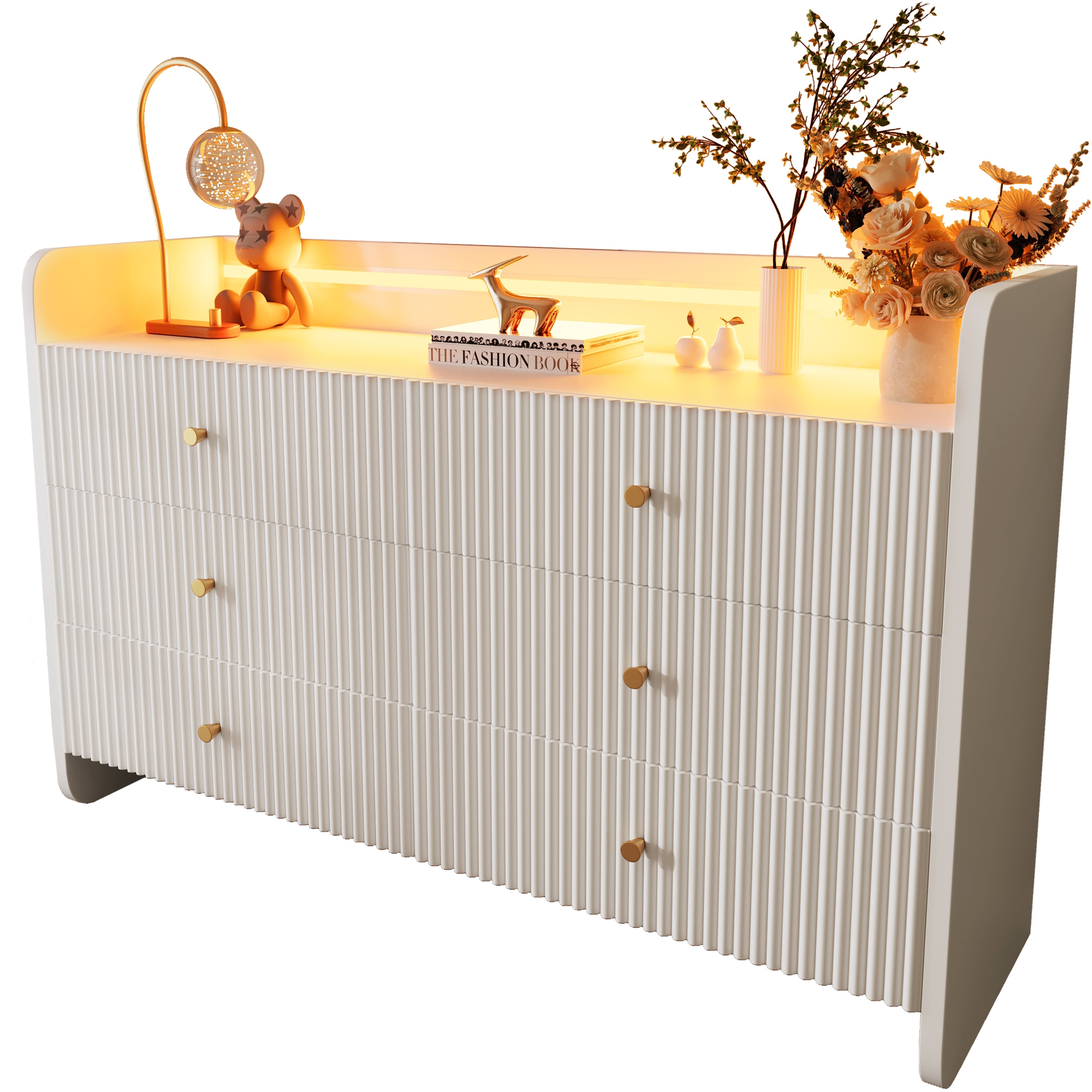 Fluted 6-Drawer Sideboard with RGB LED Lighting & Shelves, White