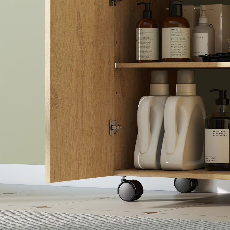 Bathroom Vanity Unit with 3-Tier Shelf and Wheels, Wood