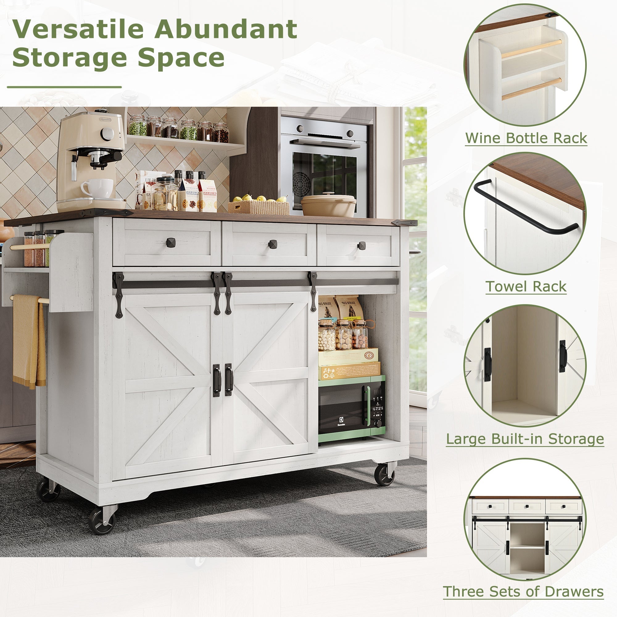Kitchen Island Serving Cart with Extendable Worktop and 3 Drawers, Wood Grain