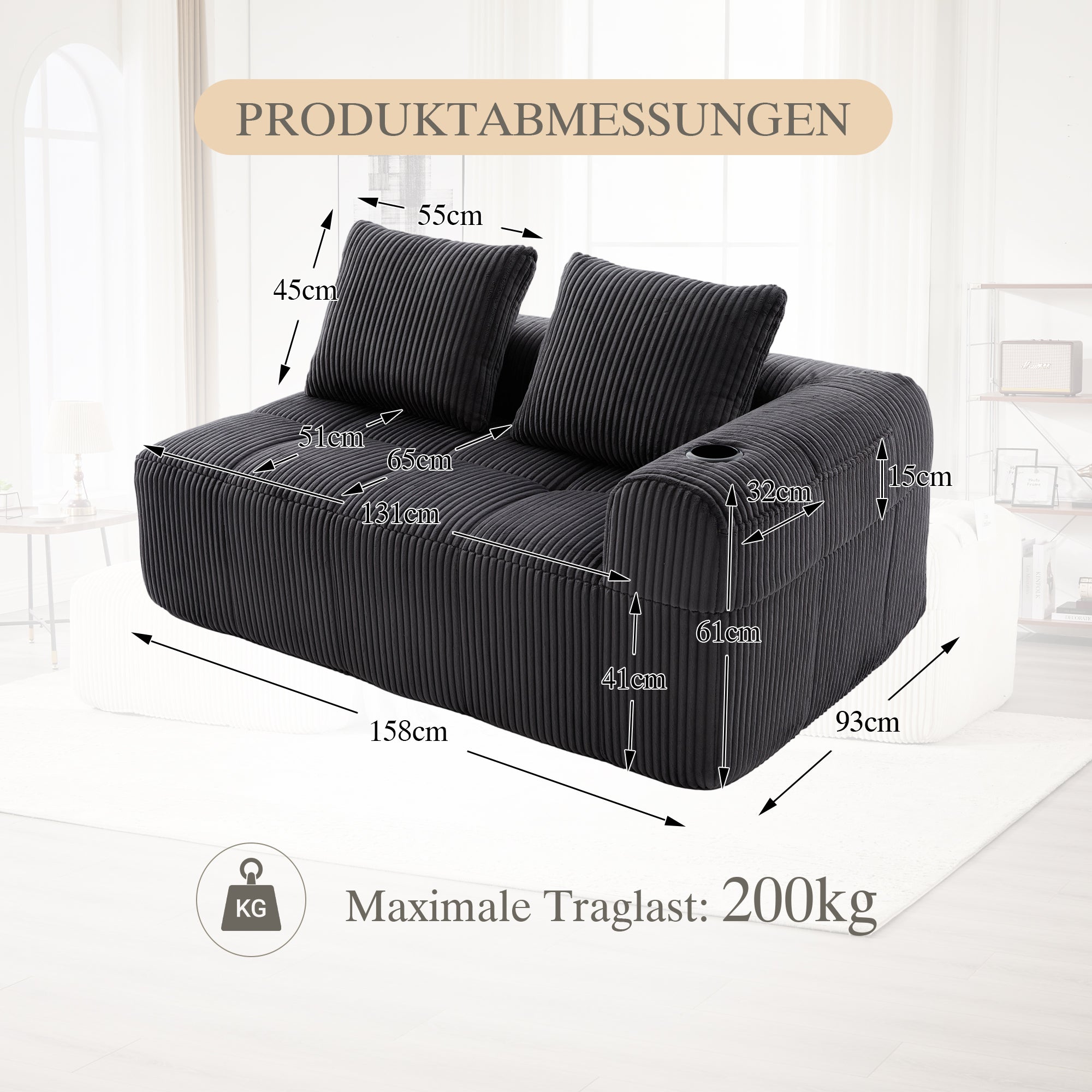 Two-Seater Sofa with Storage Pocket & Drink Holder - Corduroy