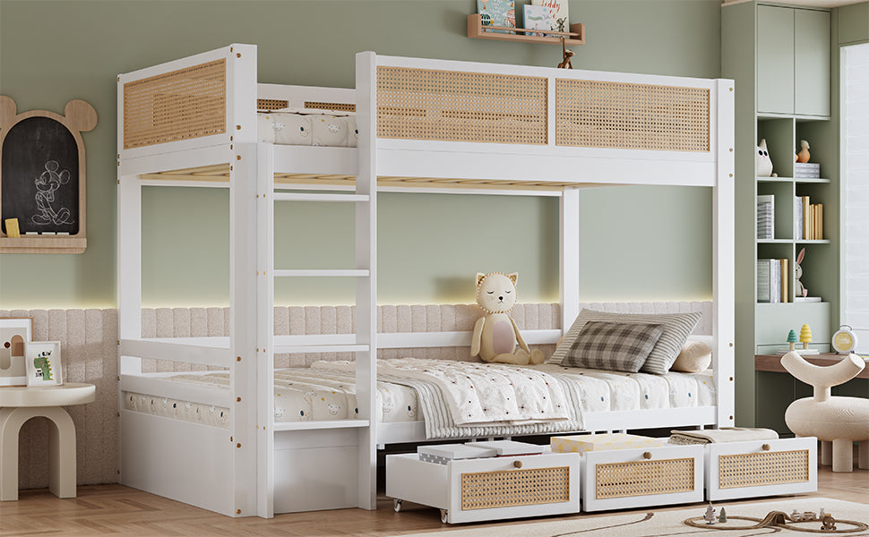 Bunk Bed, Rattan Fence with Drawers & Safe Rails, Pine + MDF + Plywood, White + Natural, 90x200cm