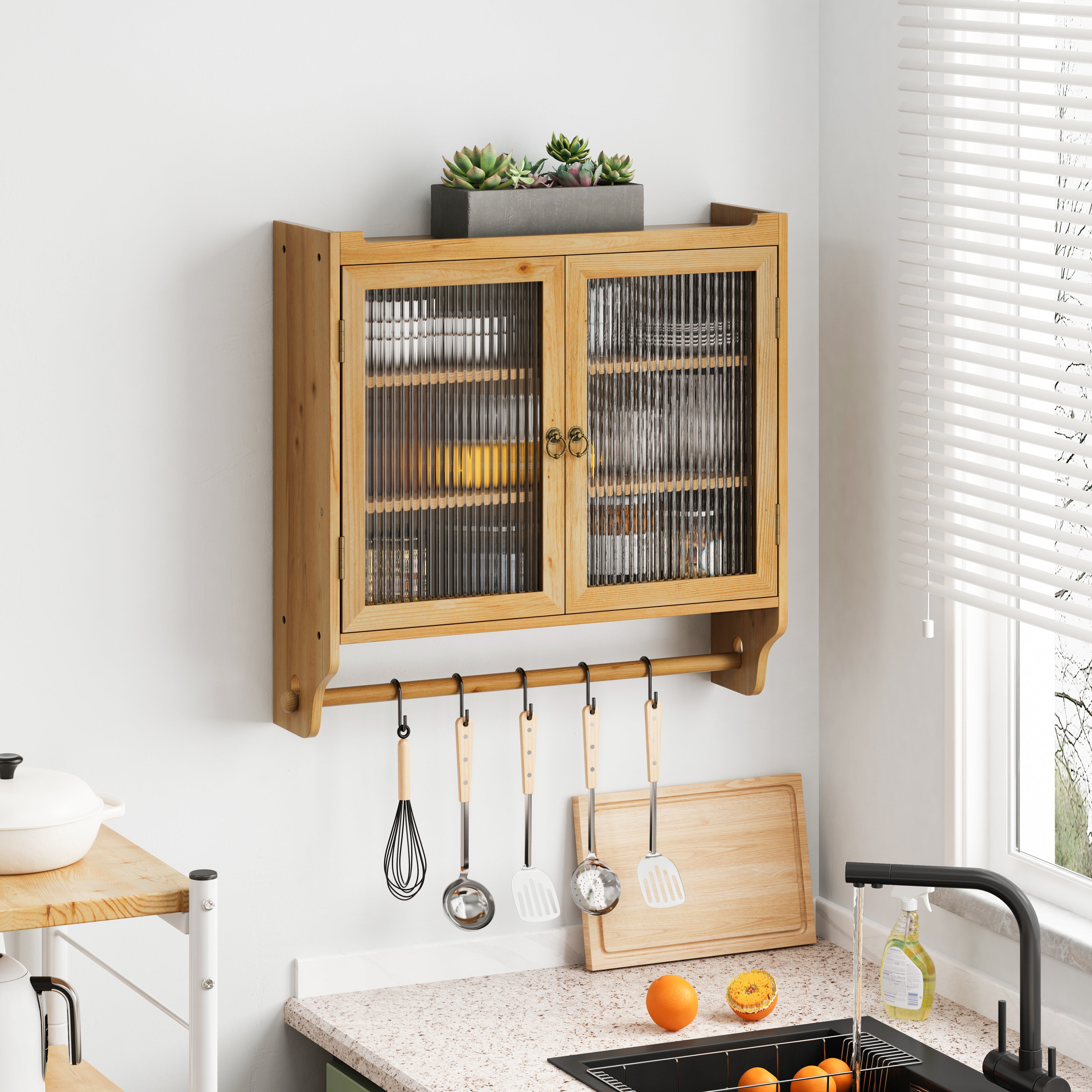 Wall Cabinet, 63CM Glass Door Vintage Double with Three Tiers & Towel Rack, Original Wood Color
