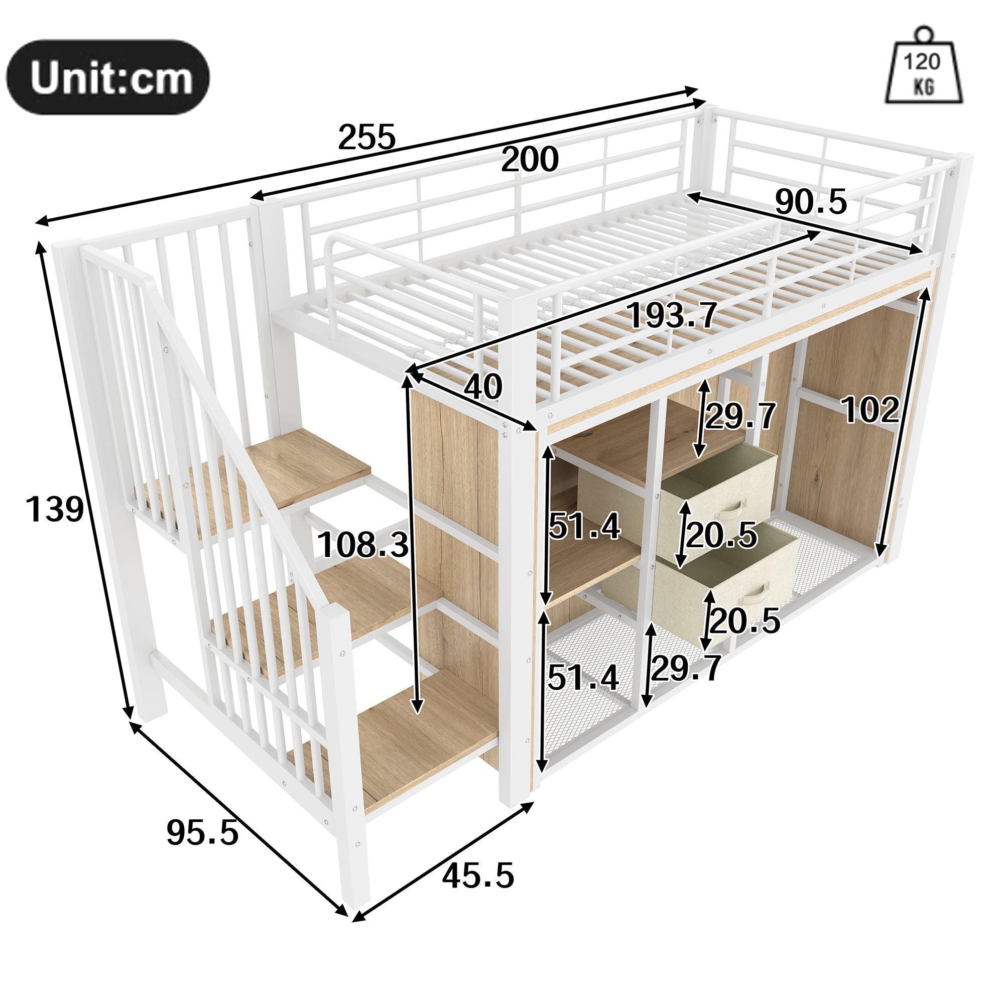 Mid-Height Bed 90x200cm 2 Drawers Open Wardrobe LED Storage - White