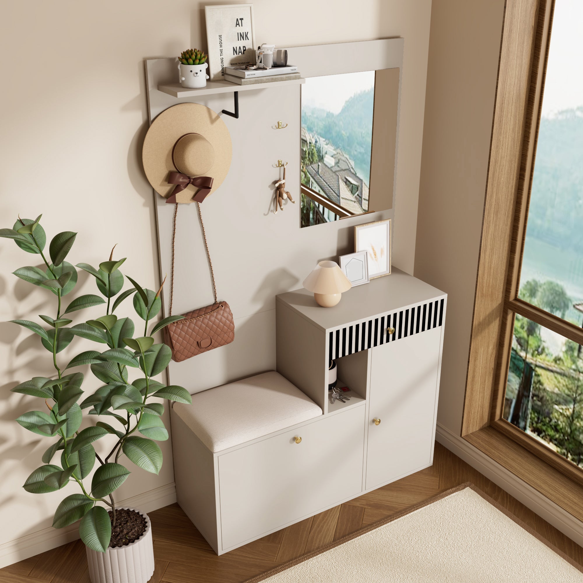 Wardrobe Set, Hallway with Mirror & Cushions, Shoe Cabinet, 110 x 185.5 x 37 cm, Compact