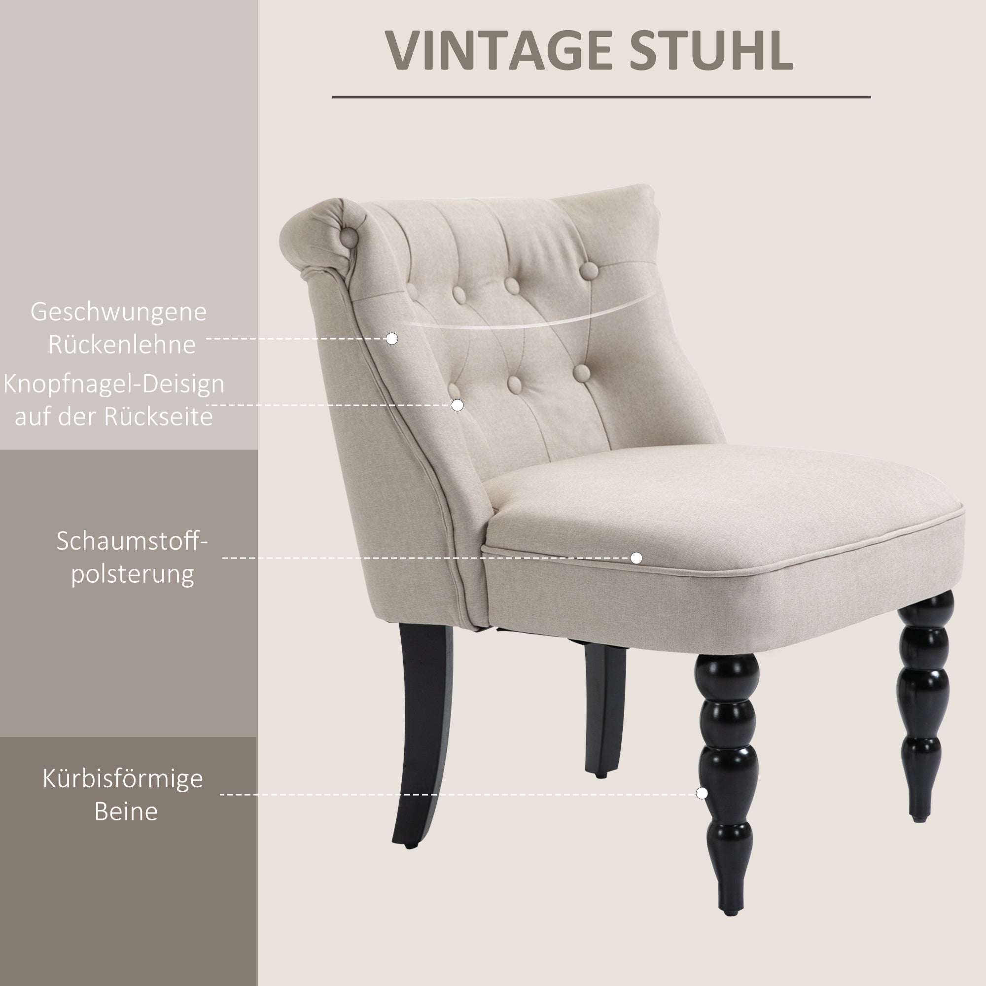 Relaxing Chair, Upholstered Vintage, Linen Beige Black