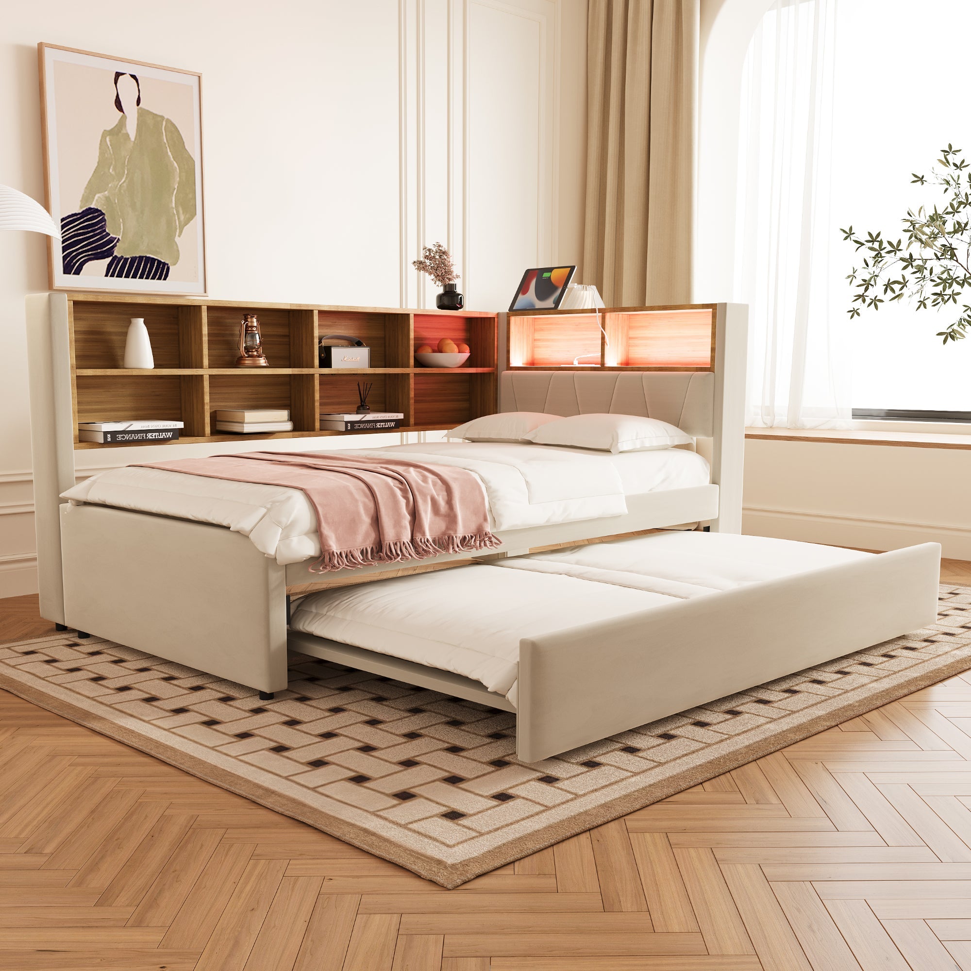 Sofa Bed 90x200 Pull-Out LED Storage Flannel Beige
