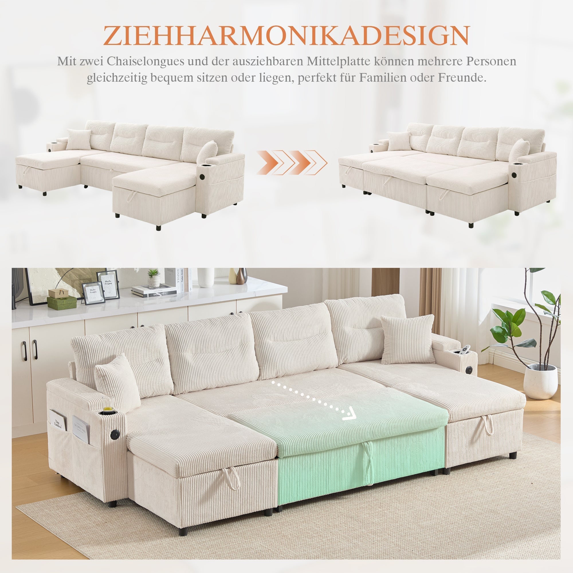 Modern 4-Seater Sofa with Double Chaise, Pull-out Bed, Storage and USB Ports, Beige Velvet