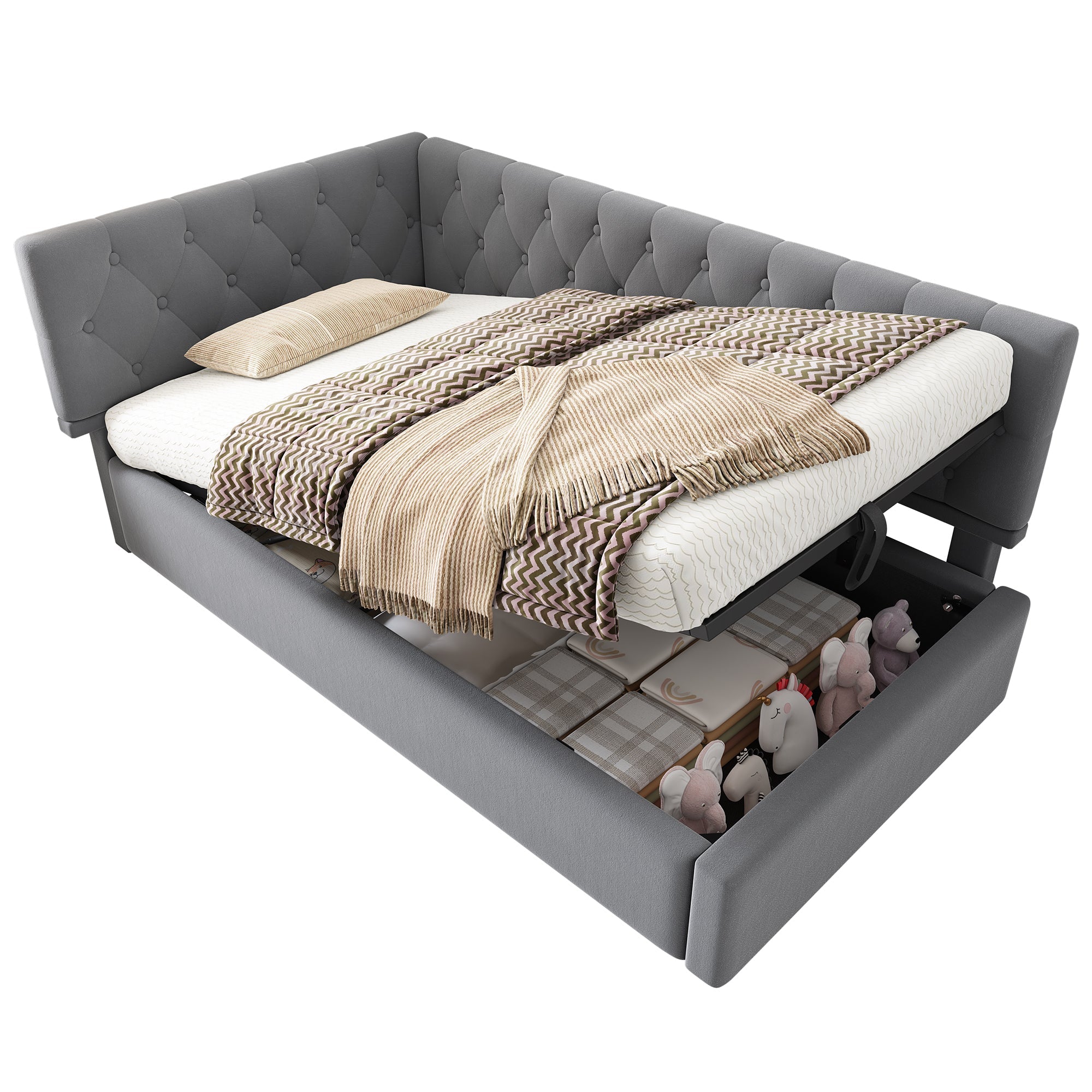 Upholstered Day Bed 90x190cm, Sofa Bed with Hydraulic Storage, Velvet Gray