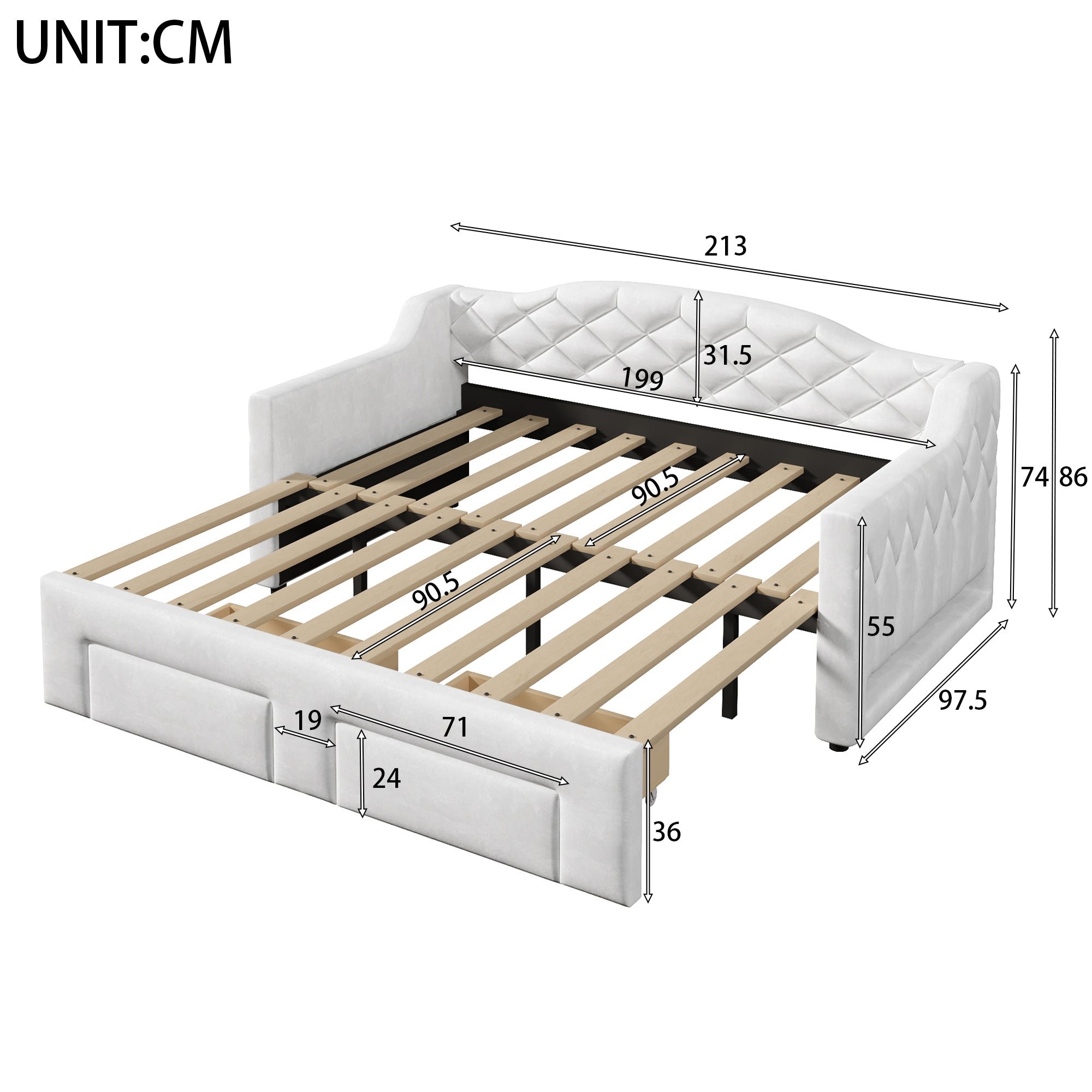 Upholstered Daybed with Two Drawers and LED Lighting, 90x200 to 180x200cm, White