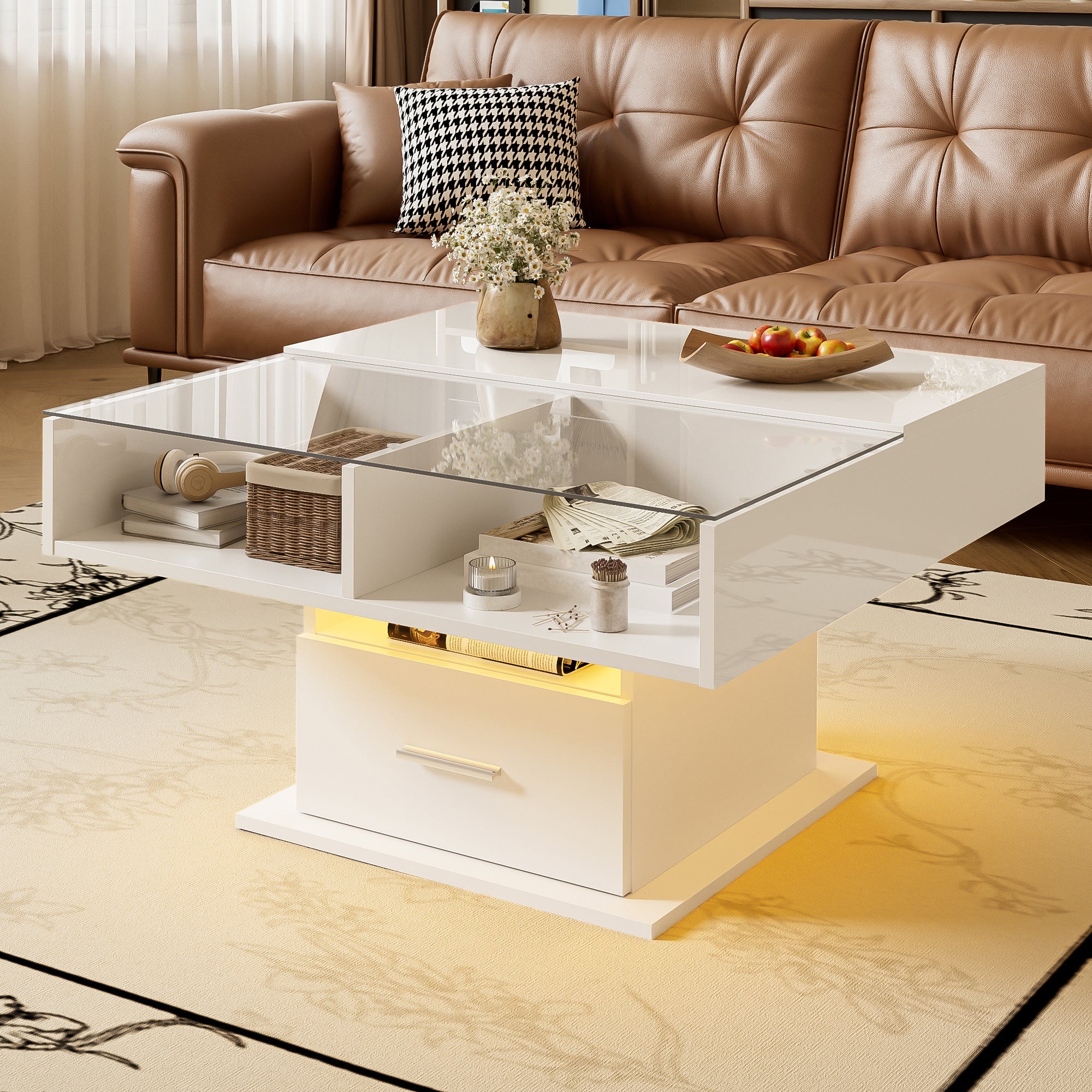 Multifunctional high-gloss lift coffee table with LED lighting, adjustable height & flexible storage space, modern design