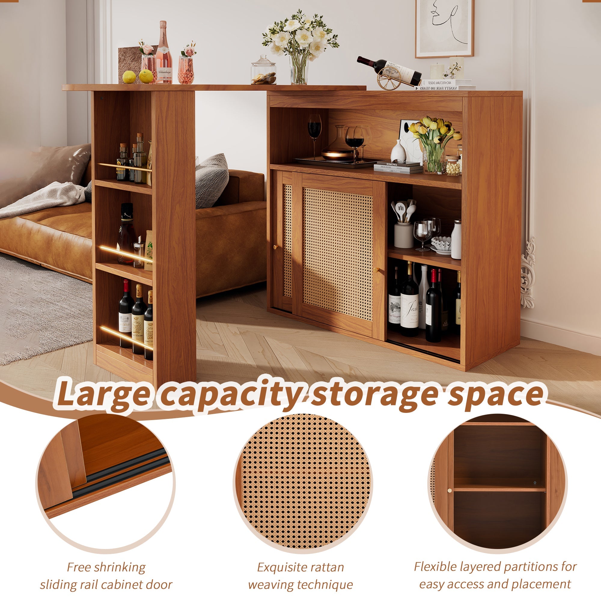 Extendable Bar Table, Adjustable Shelves Rattan Weave