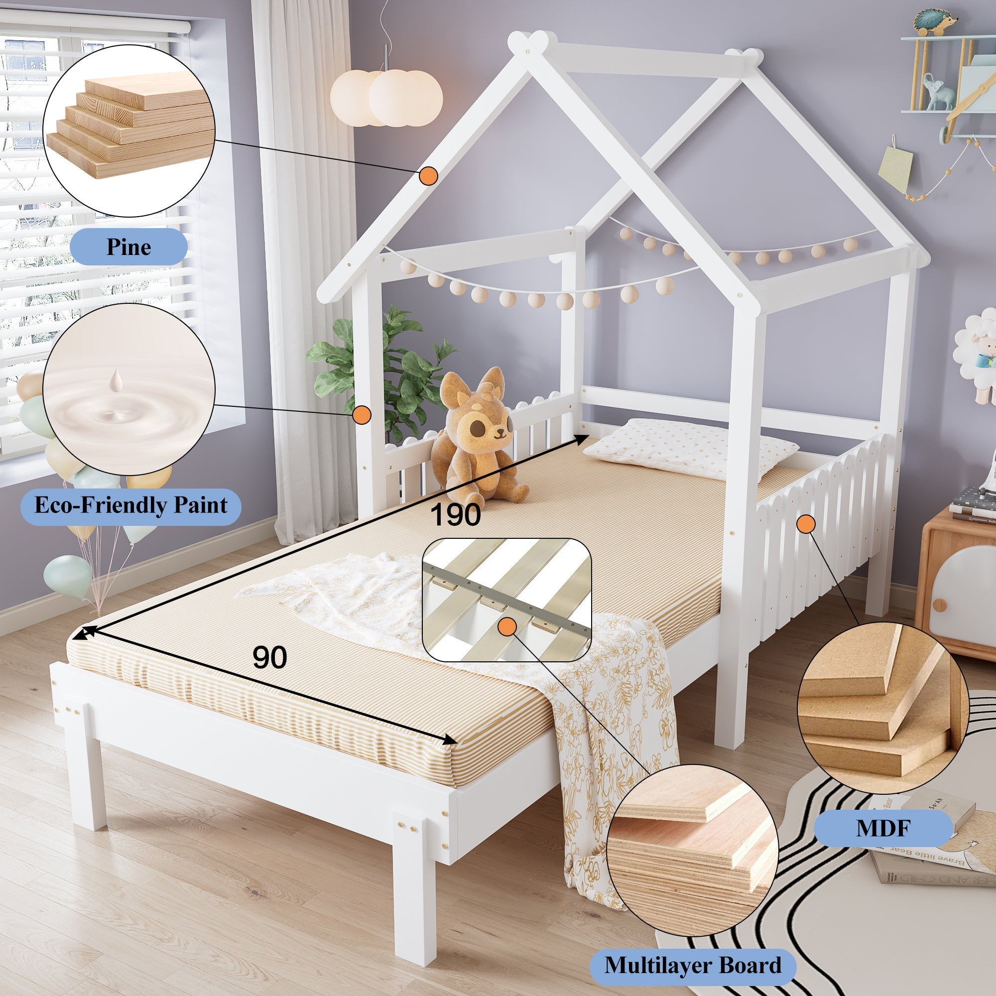 Wooden Bed with Pull-out and Safety Guardrails, 3ft Single, White MDF/Pine