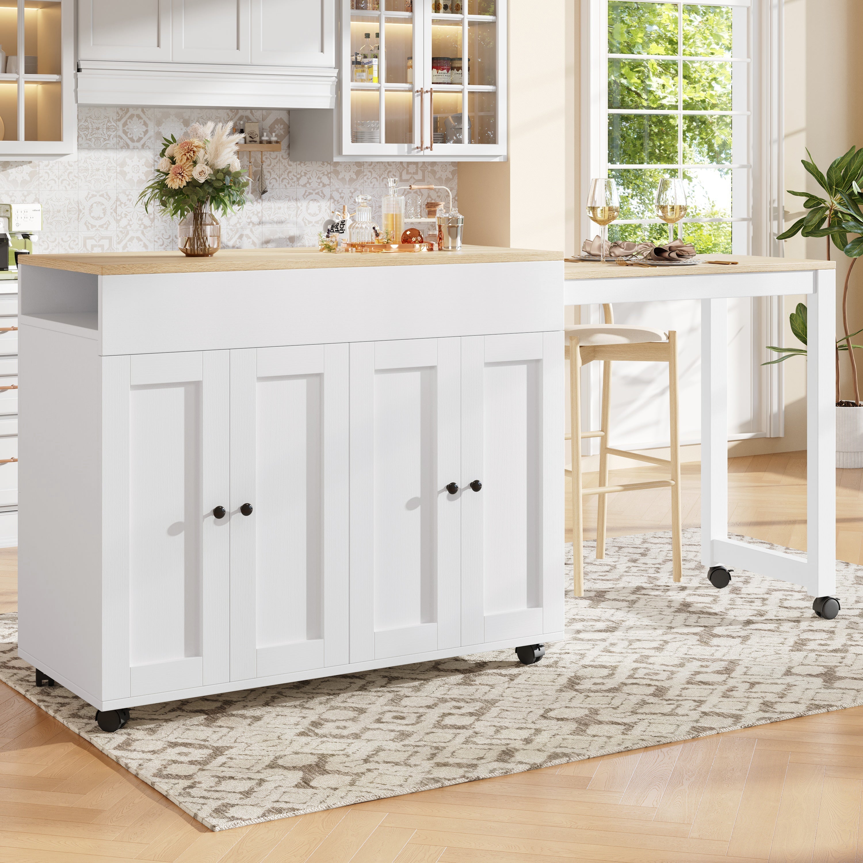 Extendable Bar Table Dining Table with Storage 6 Shelves - White