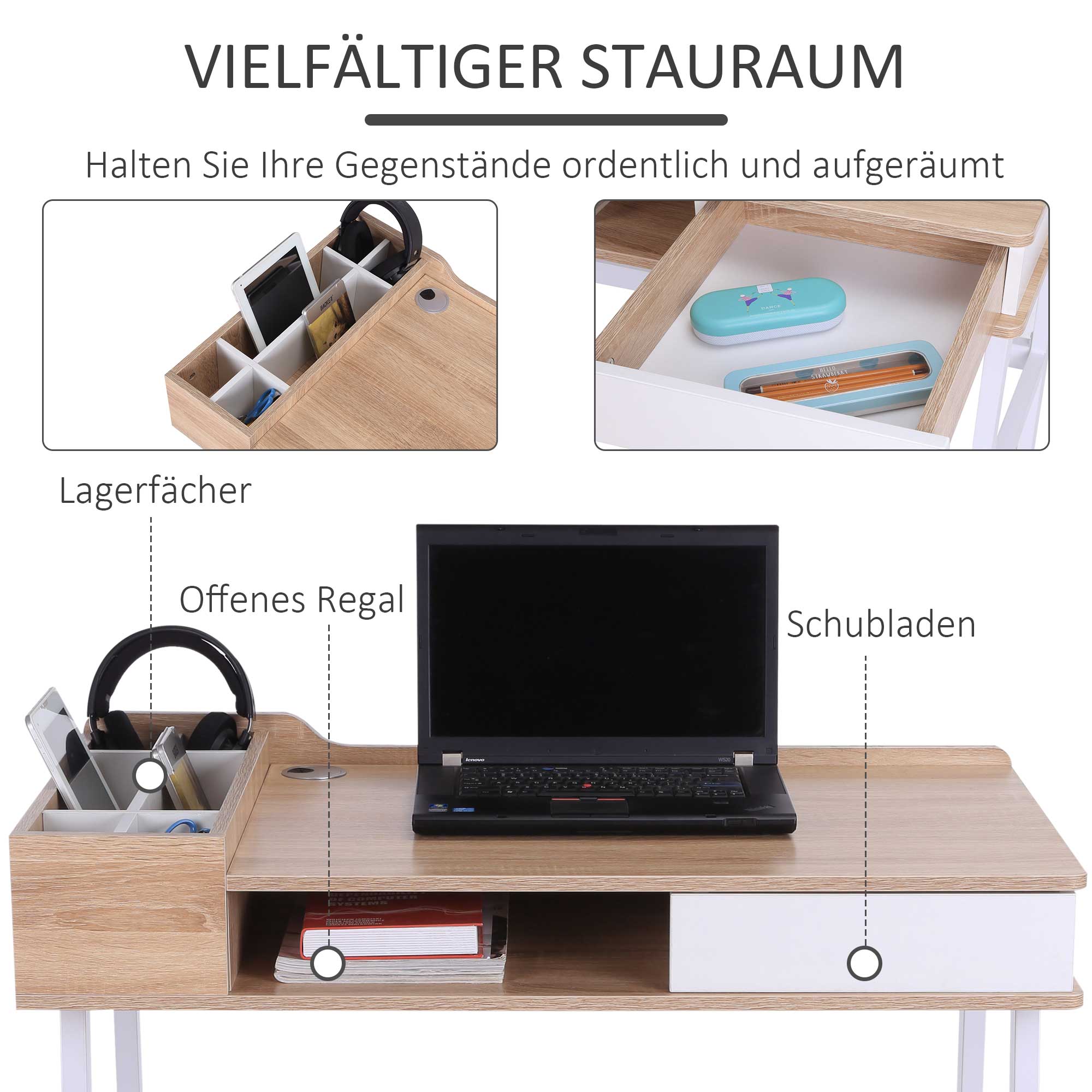 Schreibtisch mit Stauraum & Schublade, große Arbeitsplatte, Holz