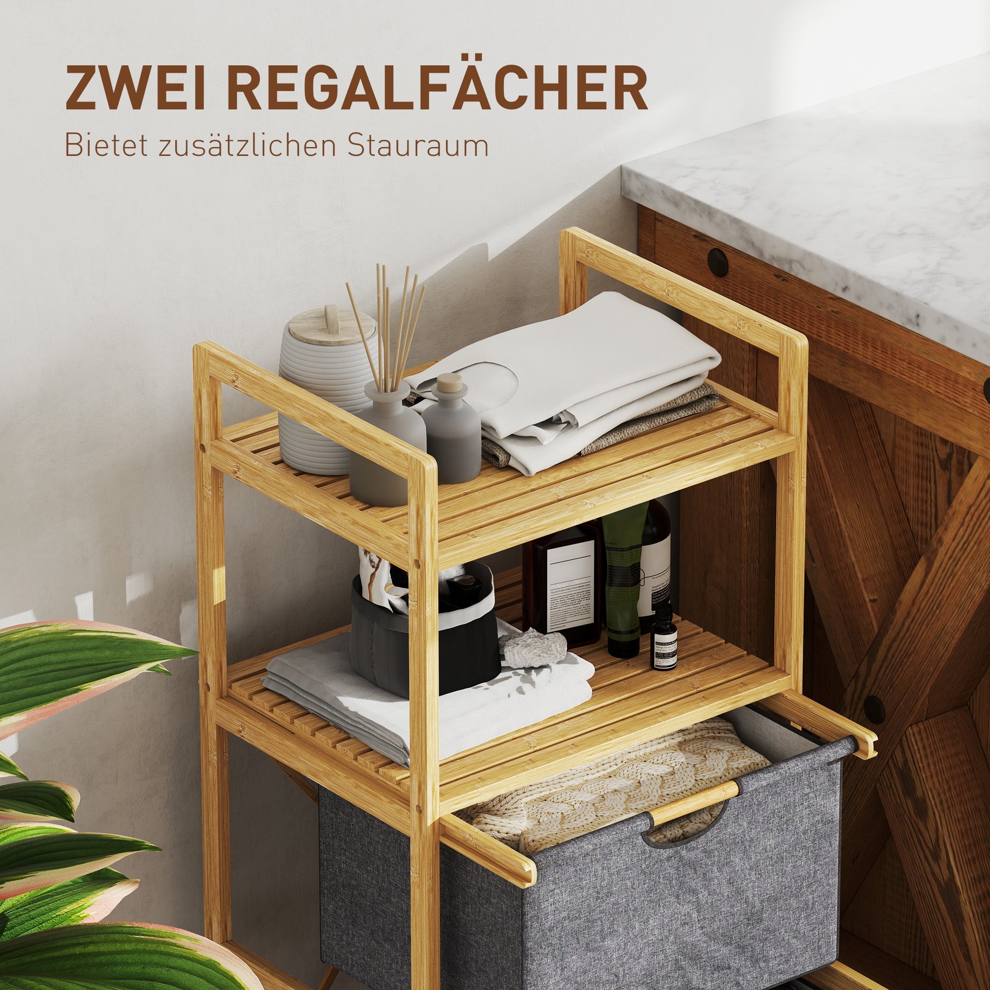Wäschekorb mit 2 Stoffkörben, offenen Regalen, Griff, Bambus, Natur