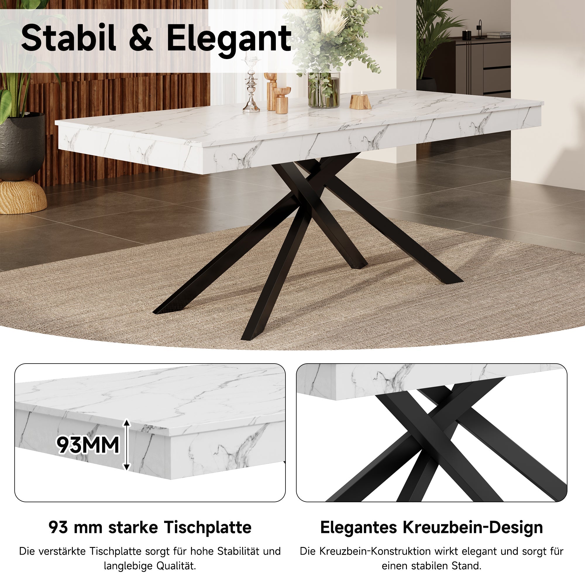 Extendable Dining Table 140/180x80cm Rectangular 6-8 Seater Metal Legs - White