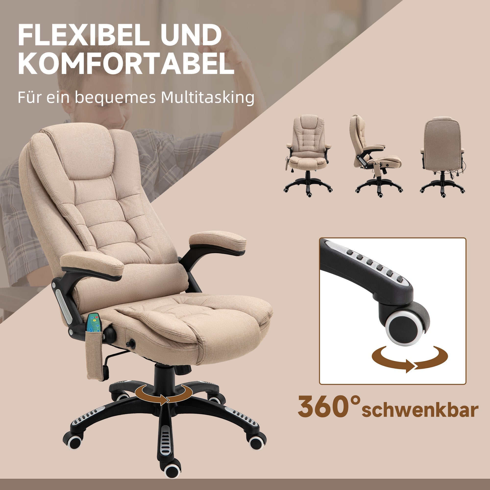 Office Chair with Massage, Heating, Reclining, and Adjustable Height - Linen Look Brown