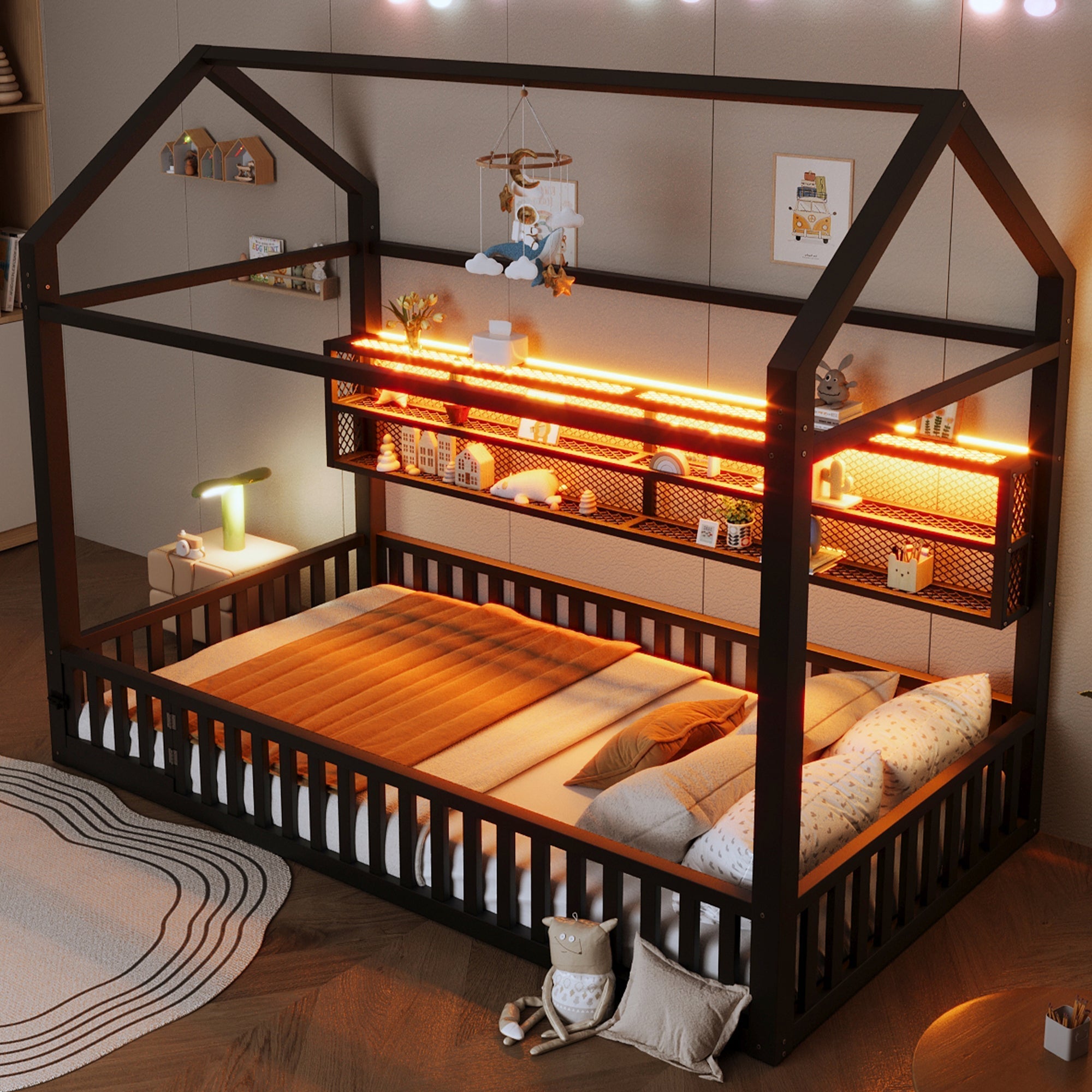 House-shaped Platform Bed 90x200 with Fence LED Lighting Black