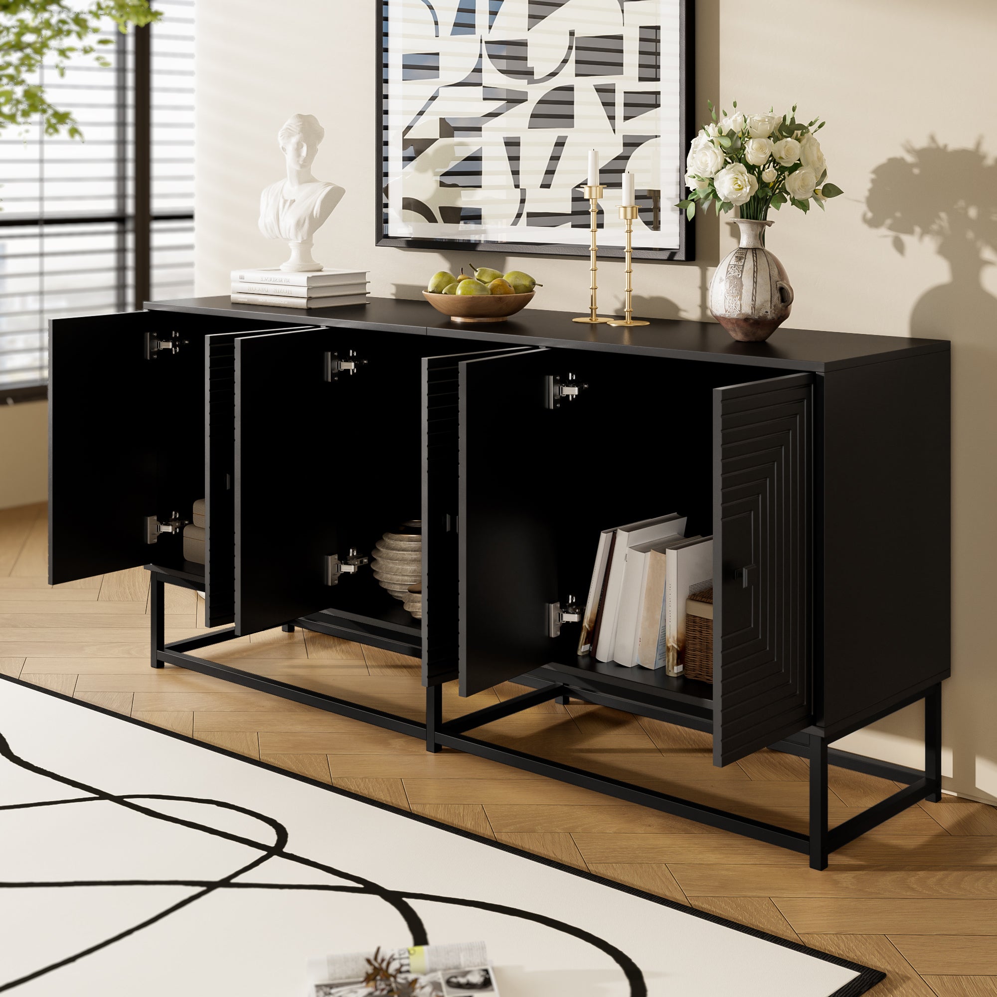 Sideboard Cabinet 3 Double Doors Large Storage Matte Finish - Black