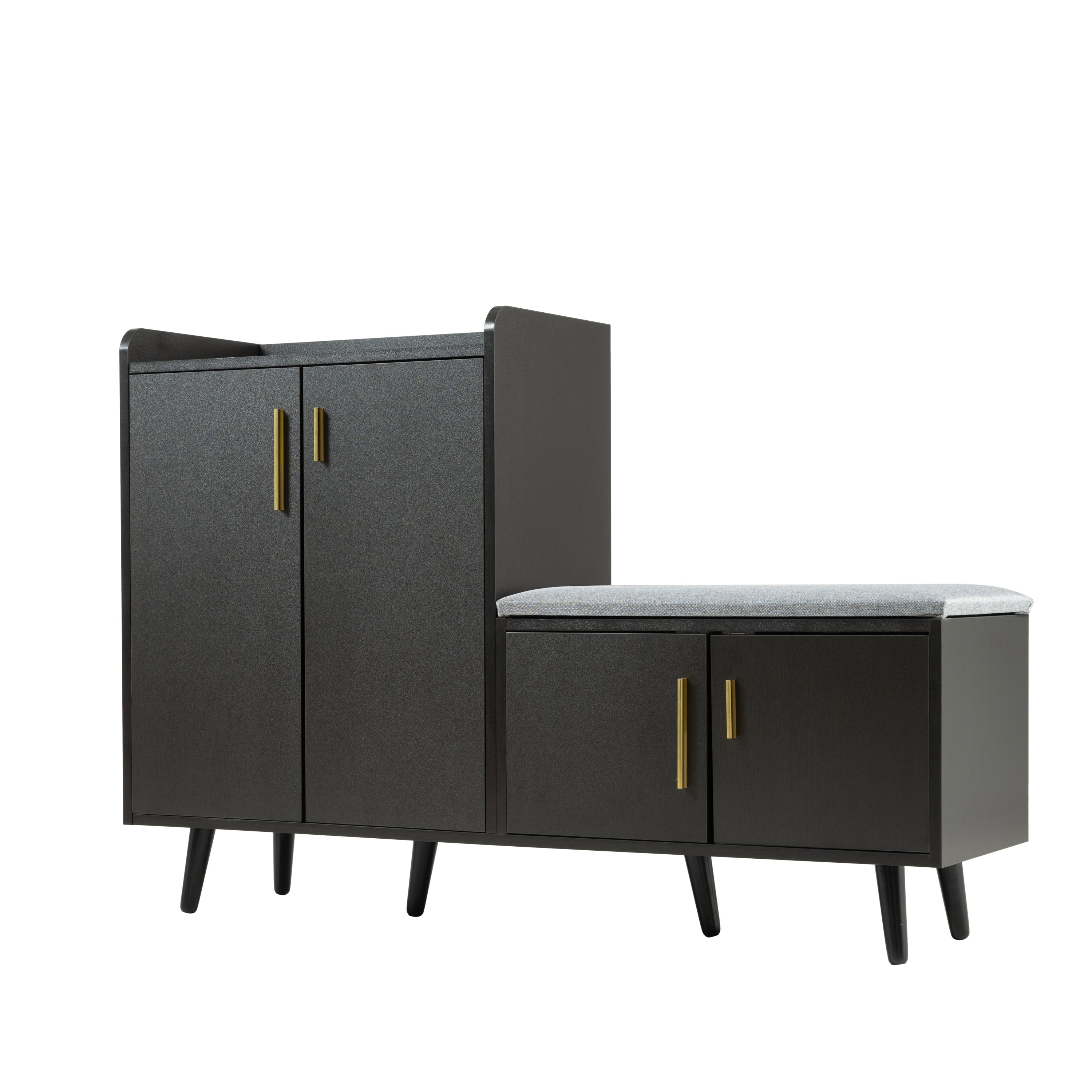 Modern Shoe Bench, Shoe Cabinet with Four Storage Doors, Black Walnut Wood