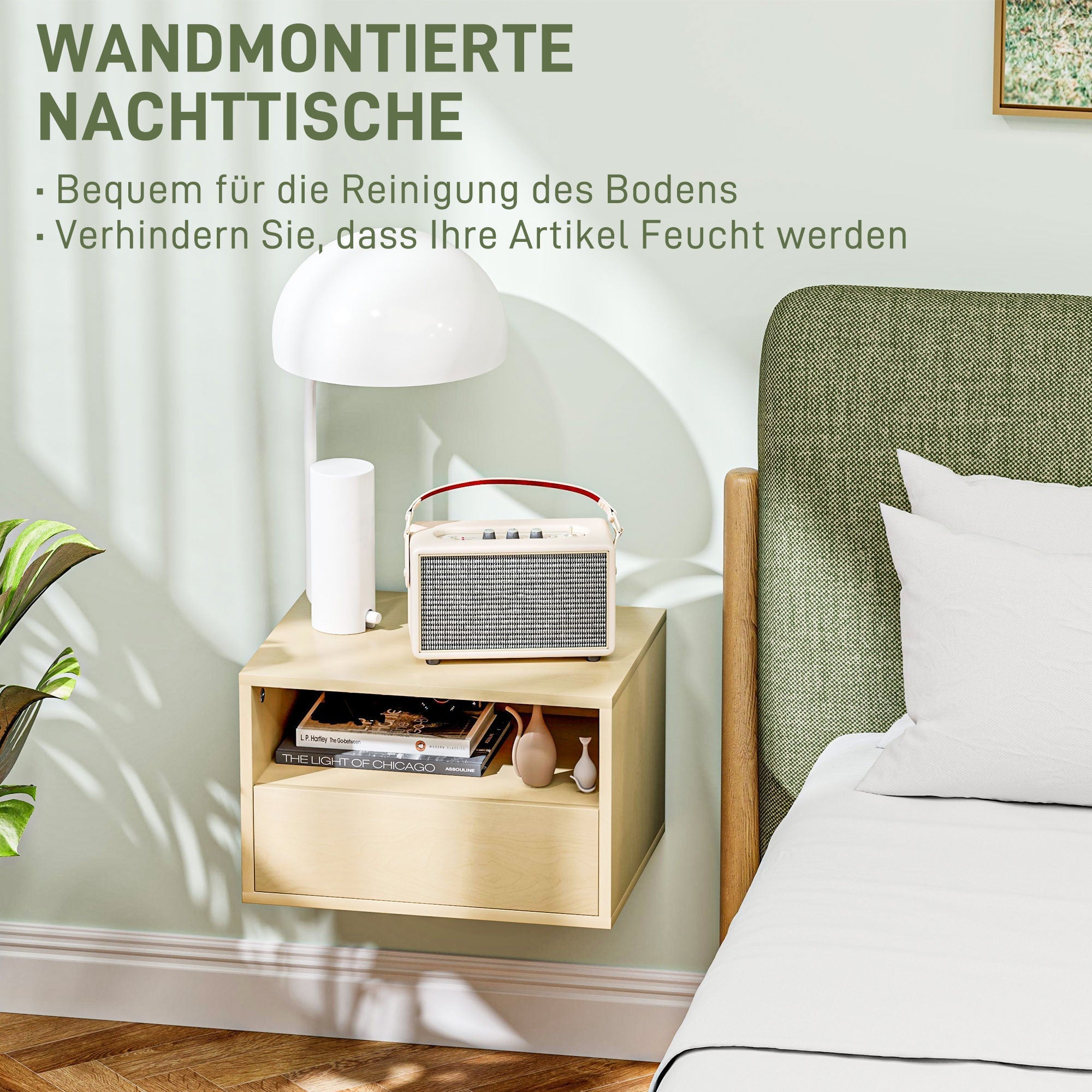 Hanging Bedside Tables, Floating Nightstand with Drawer, Natural Wood